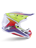 Alpinestars S-M7 Fuse Helm, Motocross-Helm, Weiß mit Farbverläufen in Gelb Fluo, Rot und Lila, glänzendes Finish, aerodynamische Schale, integriertes Visier und schwarze Mesh-Belüftungsöffnungen.