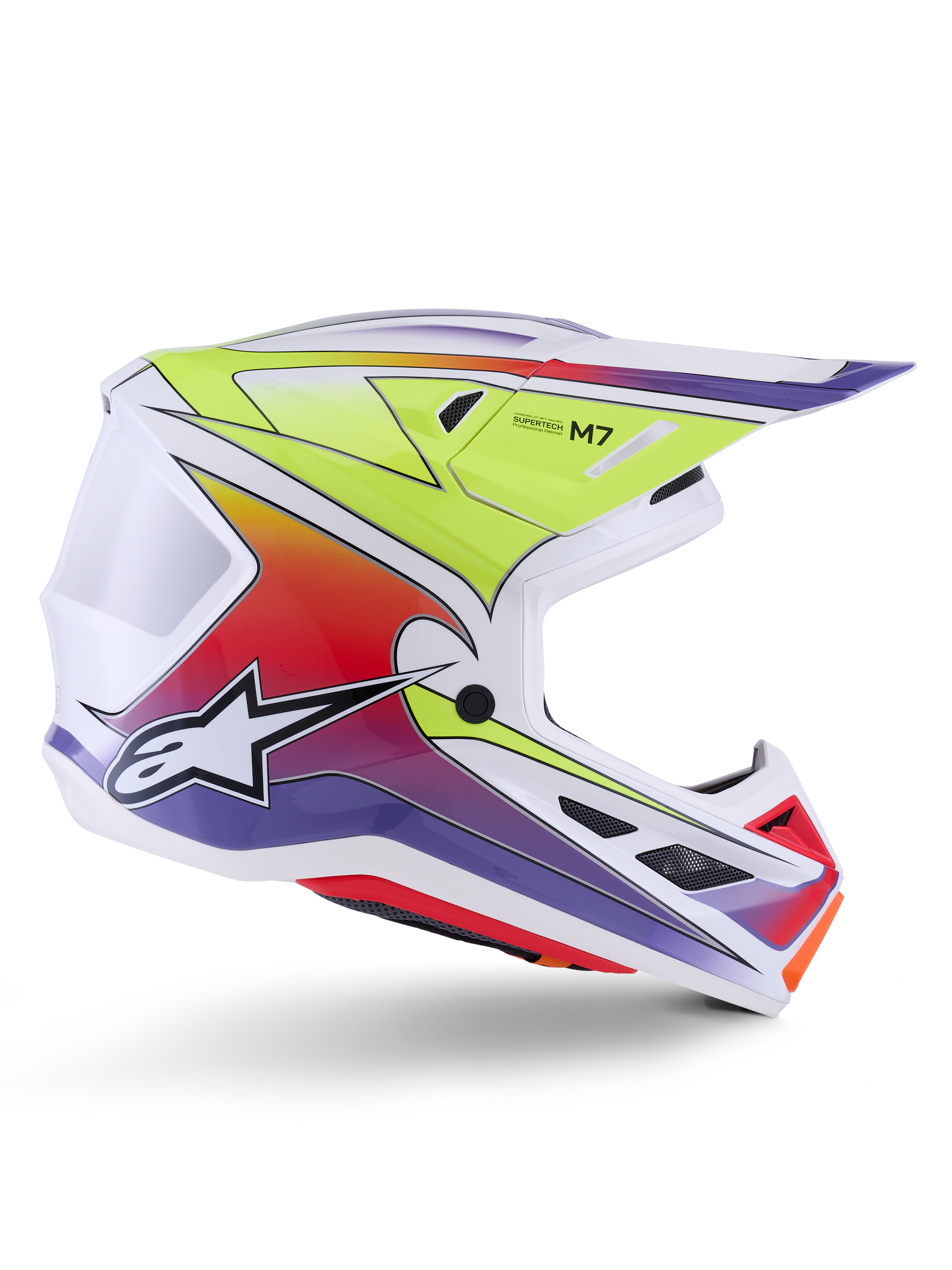 Alpinestars S-M7 Fuse Helm, Motocross-Helm, Weiß mit Farbverläufen in Gelb Fluo, Rot und Lila, glänzendes Finish, aerodynamische Schale, integriertes Visier und schwarze Mesh-Belüftungsöffnungen.