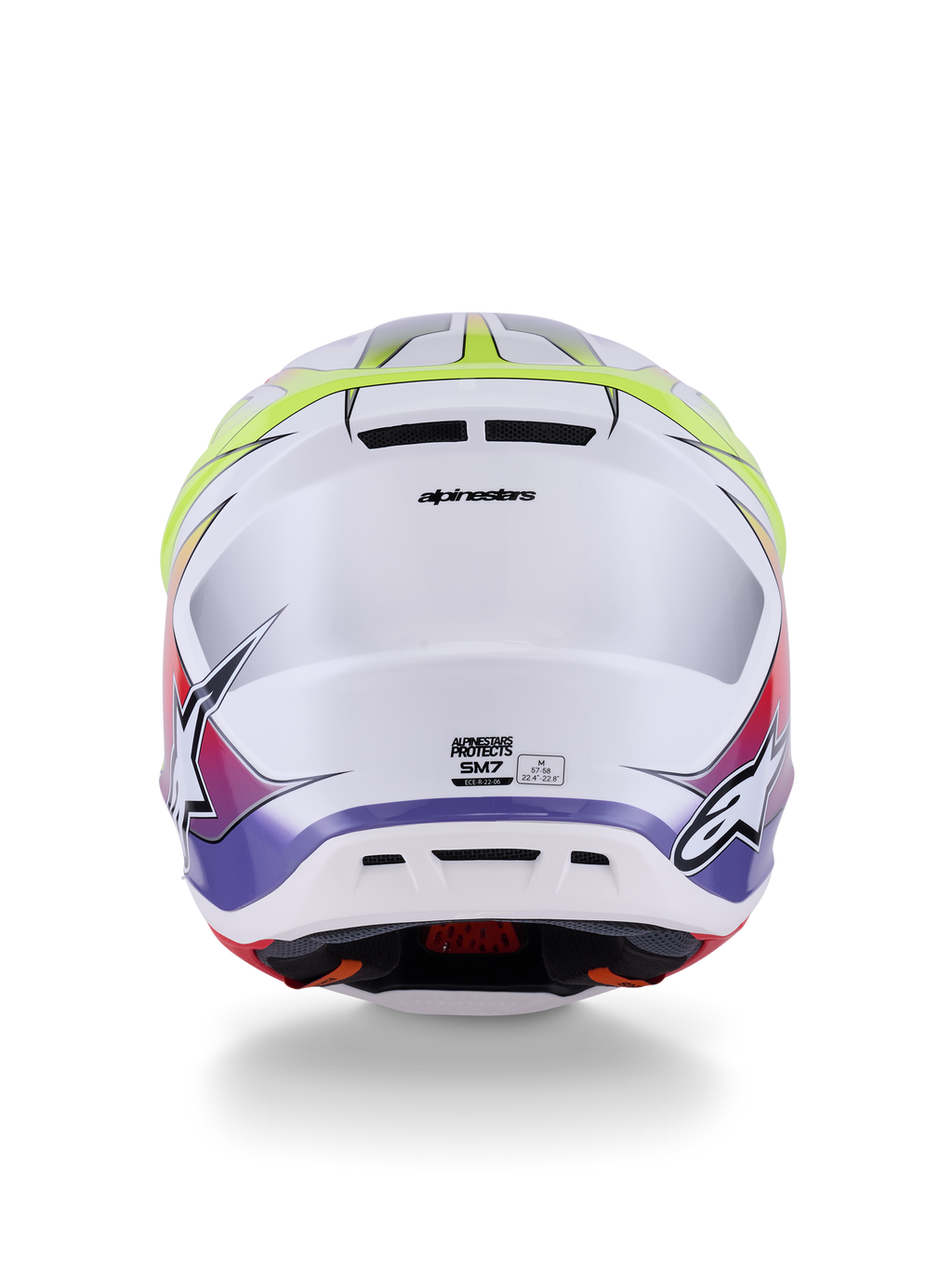Alpinestars S-M7 Fuse Helm ECE 22.06, Motocross-Helm, Weiß, Gelb Fluo und Lila glänzend, Rückansicht mit integrierten Belüftungsöffnungen, Alpinestars-Branding und seitlichen Logos, aerodynamisches Schalendesign.