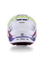 Alpinestars S-M7 Fuse Helm ECE 22.06, Motocross-Helm, Weiß, Gelb Fluo und Lila glänzend, Rückansicht mit integrierten Belüftungsöffnungen, Alpinestars-Branding und seitlichen Logos, aerodynamisches Schalendesign.
