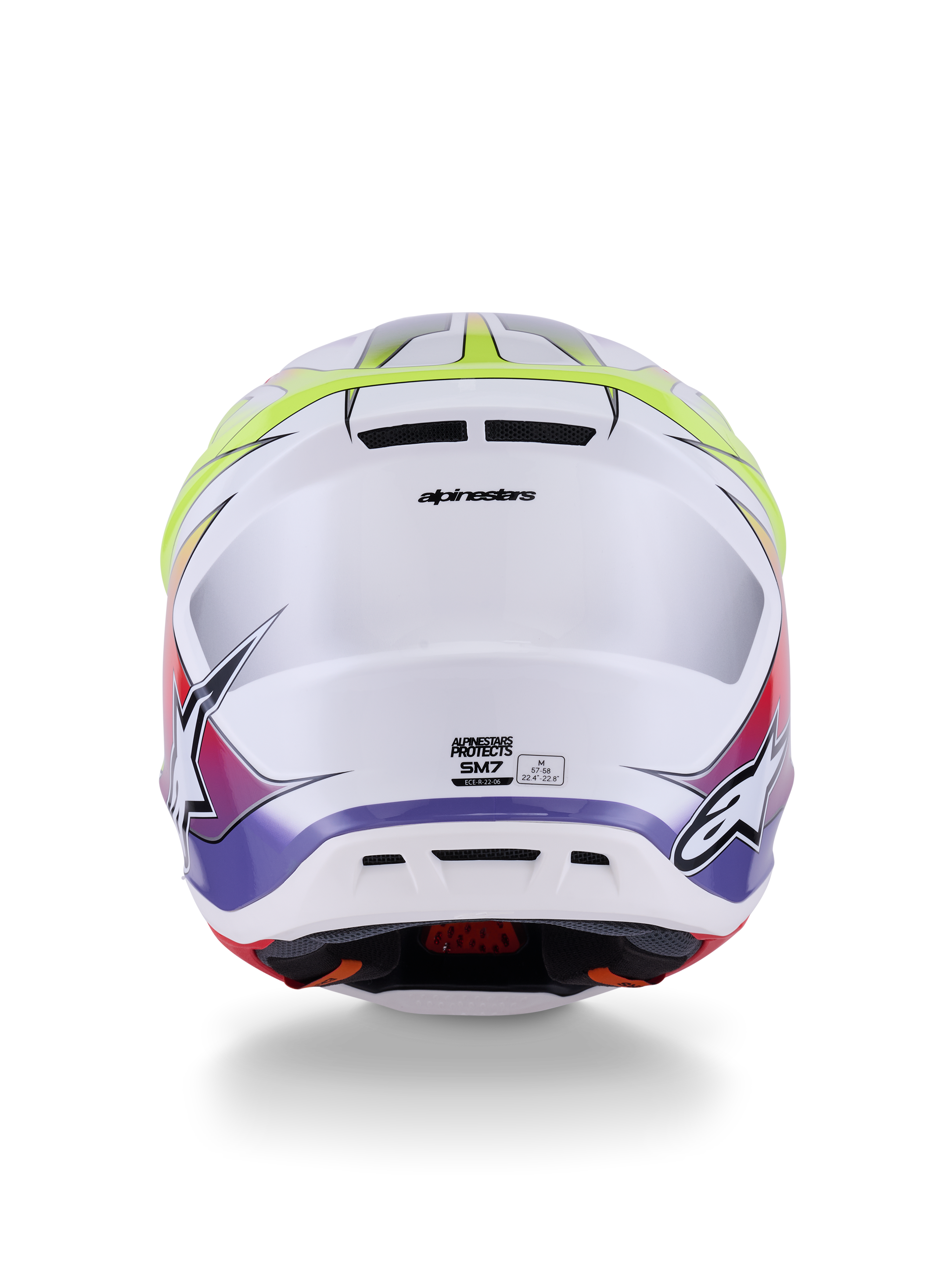 Alpinestars S-M7 Fuse Helm ECE 22.06, Motocross-Helm, Weiß, Gelb Fluo und Lila glänzend, Rückansicht mit integrierten Belüftungsöffnungen, Alpinestars-Branding und seitlichen Logos, aerodynamisches Schalendesign.