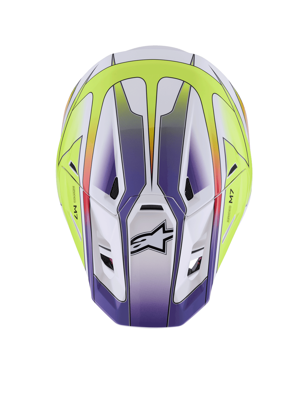Alpinestars S-M7 Fuse Helm, Motocross-Helm, Weiß, Gelb Fluo und Lila glänzend, Draufsicht zeigt aerodynamische Schale mit Belüftungsöffnungen und schwarzem Alpinestars-Logo, erstklassiger Offroad-Rennschutz