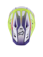 Alpinestars S-M7 Fuse Helm, Motocross-Helm, Weiß, Gelb Fluo und Lila glänzend, Draufsicht zeigt aerodynamische Schale mit Belüftungsöffnungen und schwarzem Alpinestars-Logo, erstklassiger Offroad-Rennschutz