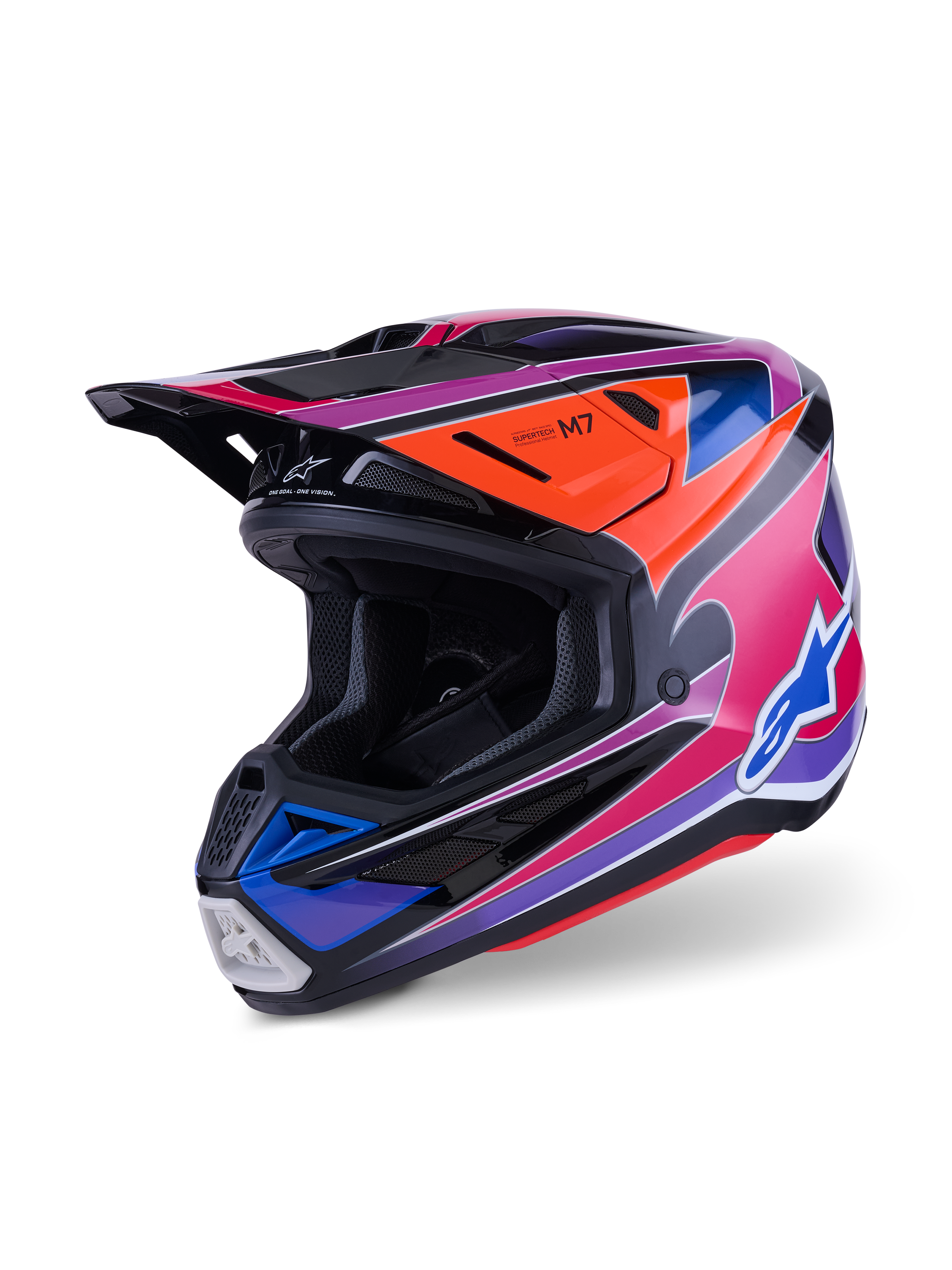 Alpinestars S-M7 Fuse Helm, Motocross-Helm, Blau Lila Pink Glänzend, mit lebhaften mehrfarbigen Grafiken sowie orangefarbenen und schwarzen Akzenten, aerodynamisches Schalendesign mit mehreren Belüftungsöffnungen, professionelle Offroad-Rennausrüstung