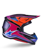 Alpinestars S-M7 Fuse Helm, Motocross-Helm, Blau, Lila und Pink glänzend, Seitenprofilansicht mit lebendigen Racing-Grafiken, aerodynamisches Schalendesign mit Belüftungsöffnungen und Alpinestars-Stern-Logo