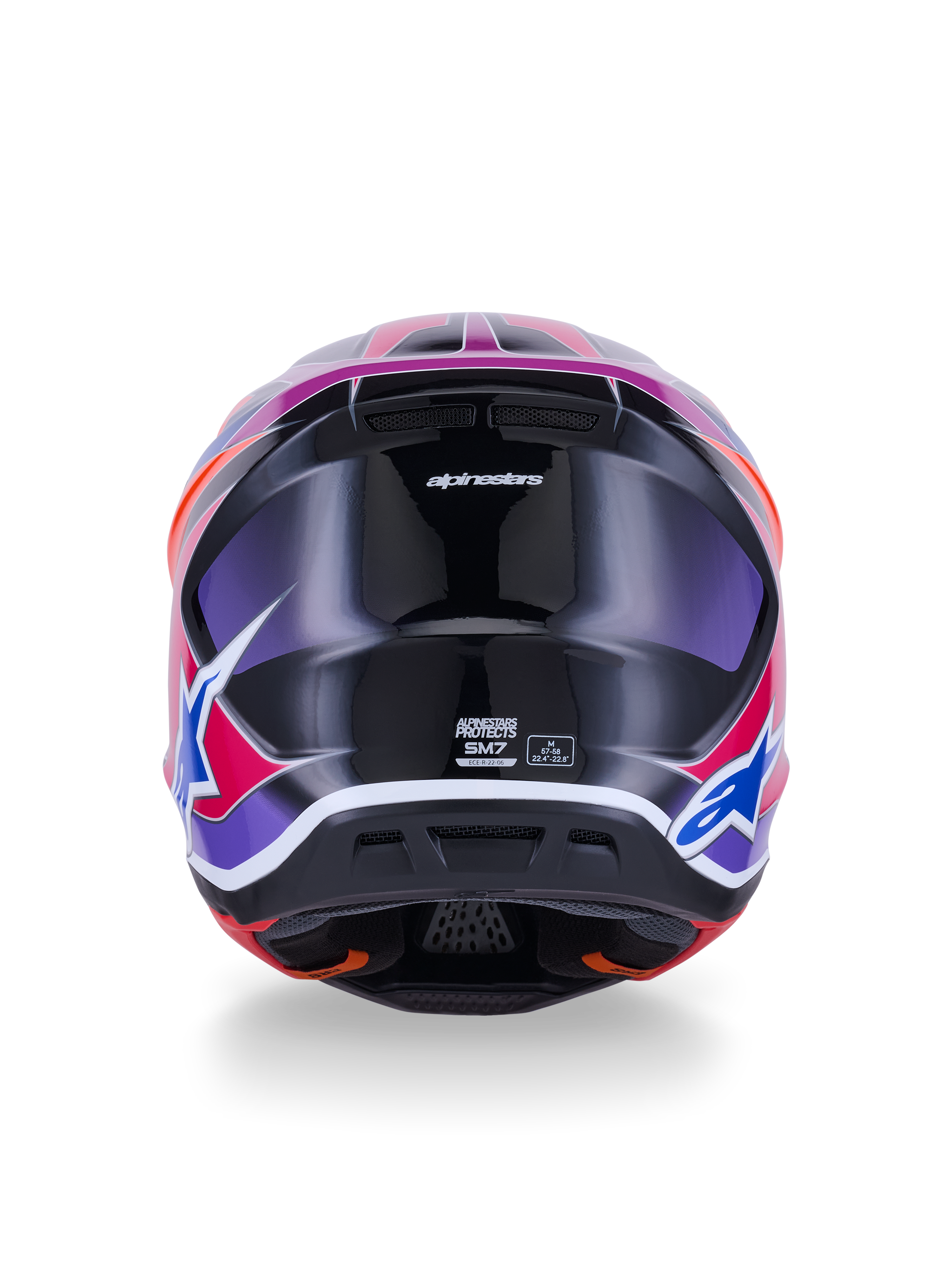 Alpinestars S-M7 Fuse Helm, Motocross-Helm, Rückansicht, Blau Lila Pink Glänzend, lebendige pinke und lila Grafiken auf glänzend schwarzer Schale, mit Belüftungsöffnungen und ECE 22.06 Zertifizierungslabel