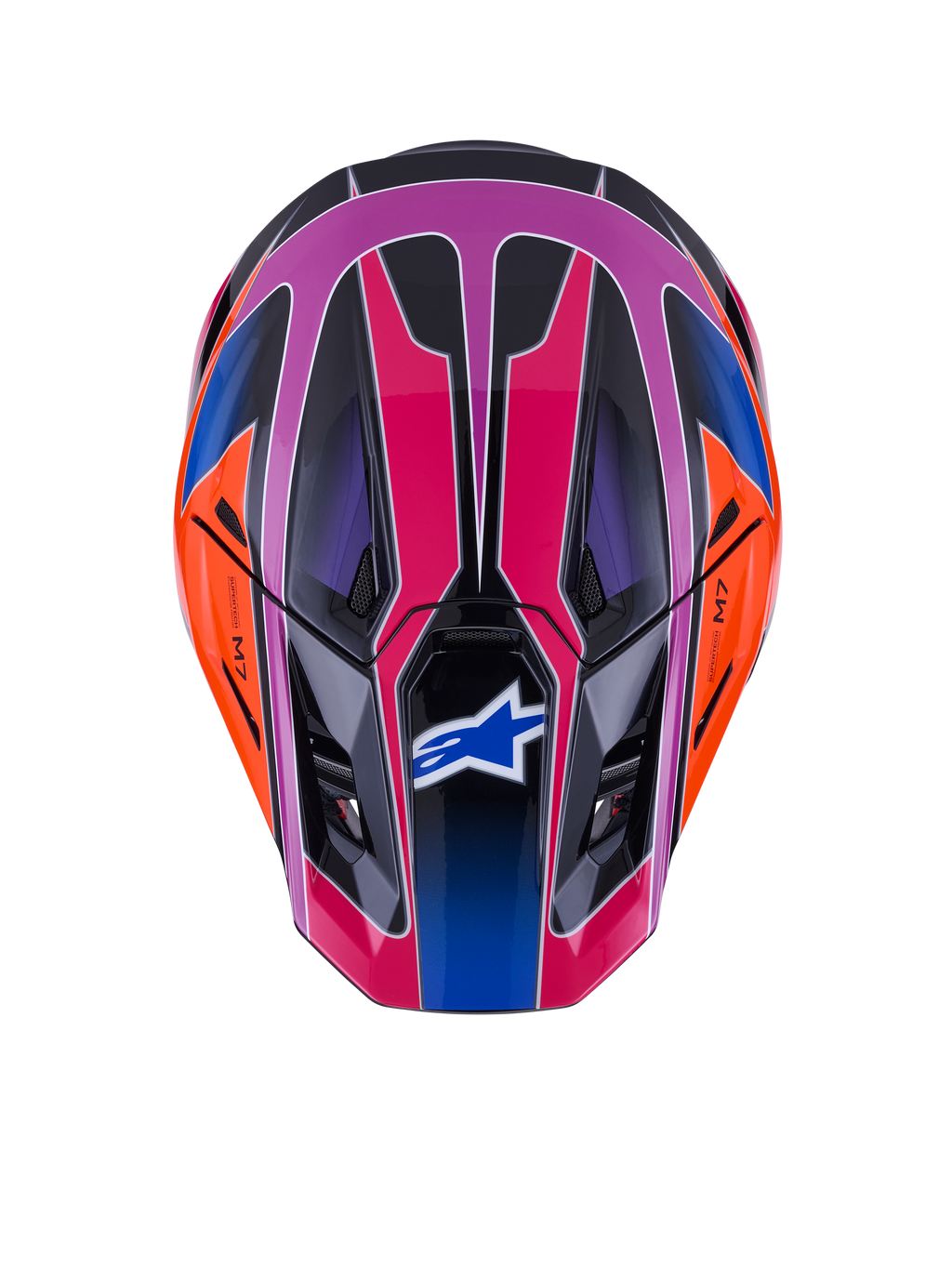 Alpinestars S-M7 Fuse Helm, Draufsicht, Blau Violett Pink Glänzend mit orangefarbenen und schwarzen Akzenten, lebendiges geometrisches Design, aerodynamische Schale mit Belüftungsöffnungen und Alpinestars-Logo auf dem Visier, Motocross-Schutzausrüstung
