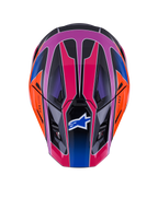 Alpinestars S-M7 Fuse Helm, Draufsicht, Blau Violett Pink Glänzend mit orangefarbenen und schwarzen Akzenten, lebendiges geometrisches Design, aerodynamische Schale mit Belüftungsöffnungen und Alpinestars-Logo auf dem Visier, Motocross-Schutzausrüstung