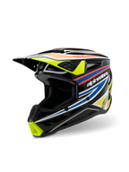Alpinestars S-M3 Youth Wurx Helm ECE 22.06, Motocross-Helm, Glänzendes Schwarz mit neongelben, blauen und rot-orangen Renngrafiken, Dreiviertelansicht der aerodynamischen Schale mit mehreren Lufteinlässen und Auslassöffnungen, schützende Offroad-Ausrüstung für junge Fahrer