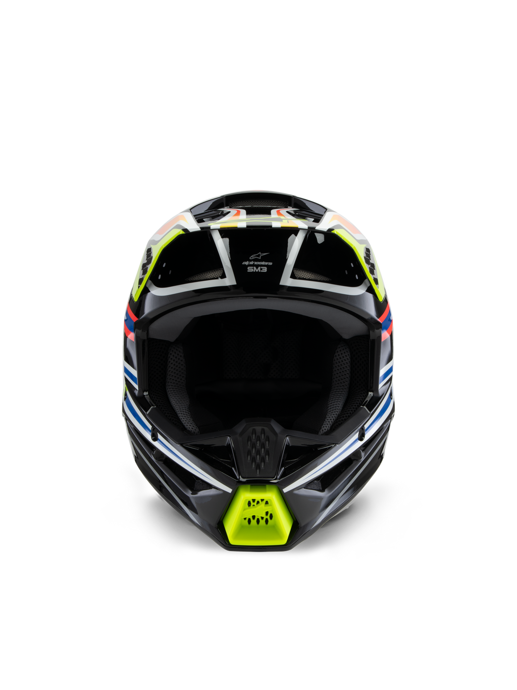 Alpinestars S-M3 Jugend-Wurx-Helm, Vorderansicht, Schwarz mit fluoreszierend gelben, blauen und roten Akzenten, Jugend-Motocross-Schutzausrüstung, schwarze Basis mit lebendigen geometrischen Grafiken, integrierten Belüftungsöffnungen und gelbem Kinnschutz, Offroad-Rennstil
