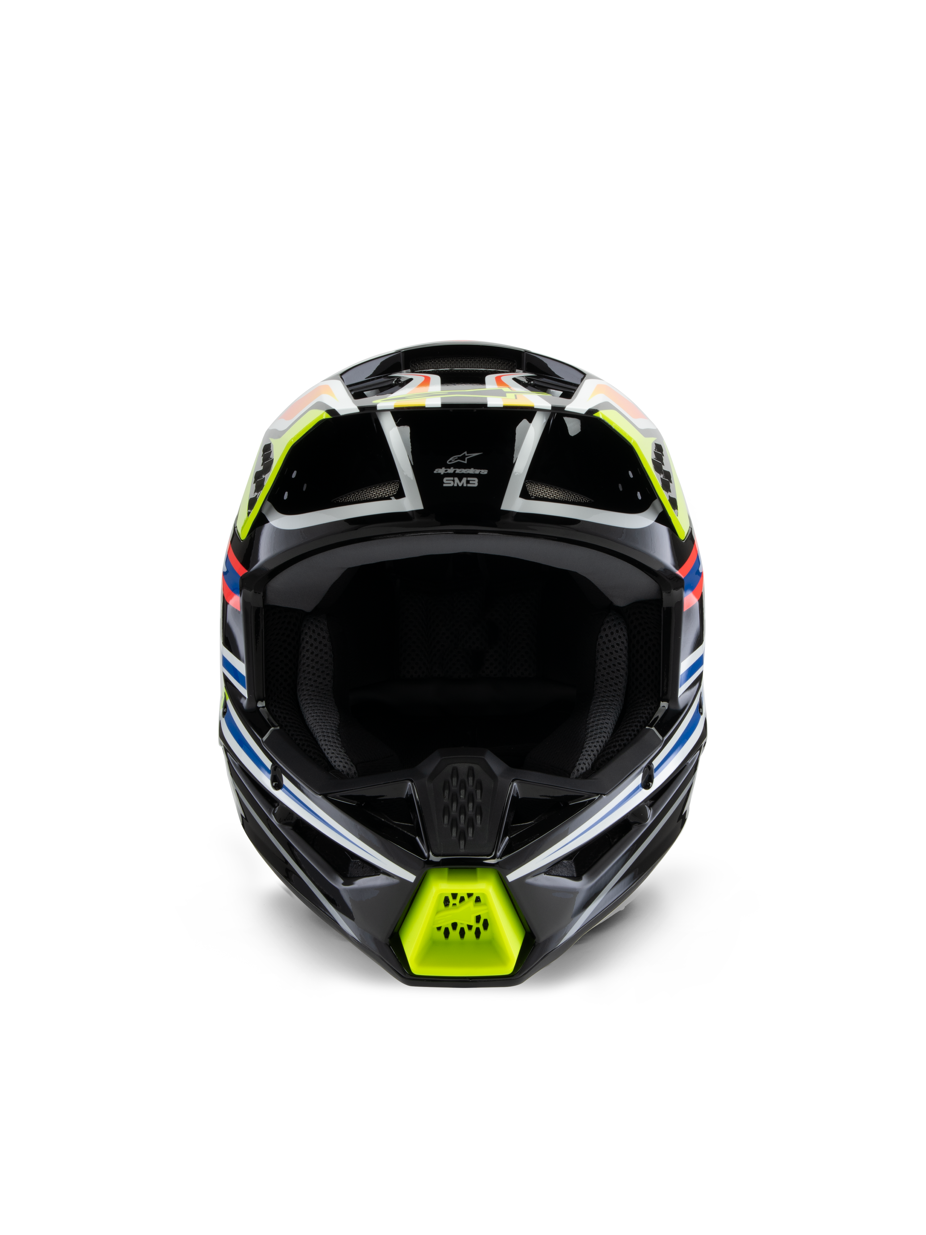 Alpinestars S-M3 Jugend-Wurx-Helm, Vorderansicht, Schwarz mit fluoreszierend gelben, blauen und roten Akzenten, Jugend-Motocross-Schutzausrüstung, schwarze Basis mit lebendigen geometrischen Grafiken, integrierten Belüftungsöffnungen und gelbem Kinnschutz, Offroad-Rennstil