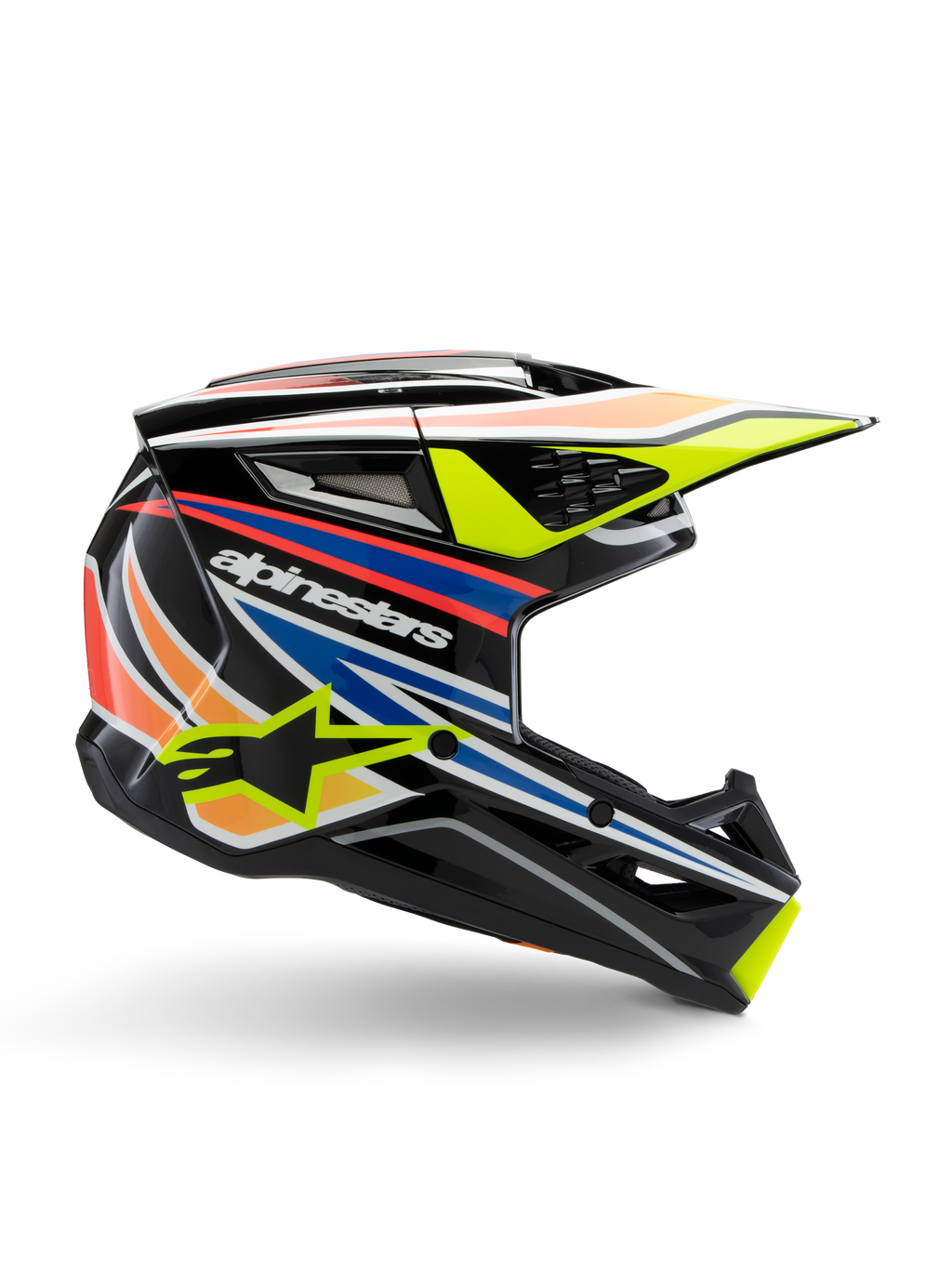 Alpinestars S-M3 Youth Wurx Helm, Jugend-Motocross-Helm, Schwarz mit gelben, blauen, roten und orangefarbenen Grafikstreifen, Seitenprofil mit aerodynamischem Visier und glänzendem Finish, mit weißem Alpinestars-Logo und gelber Sterngrafik