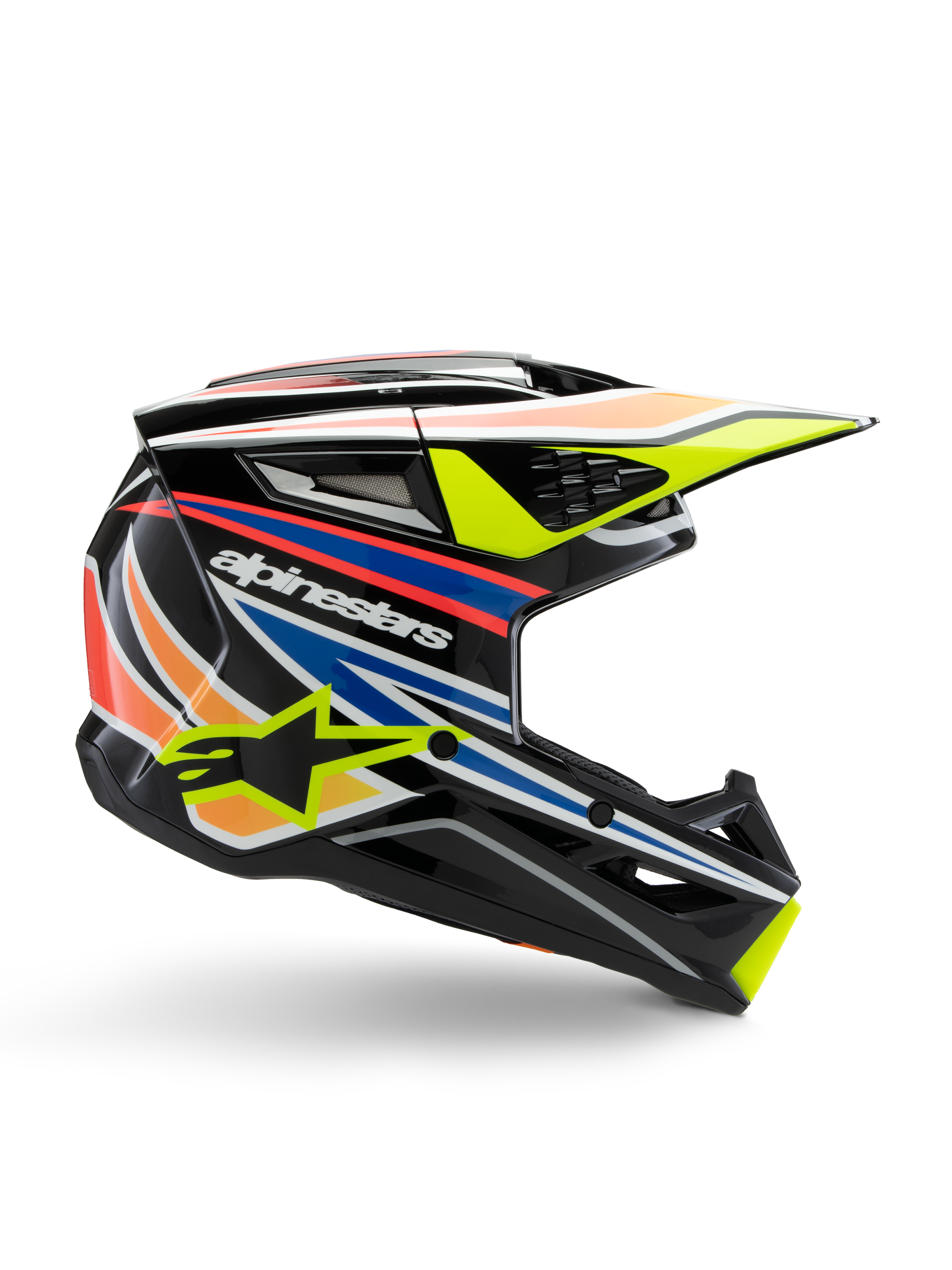 Alpinestars S-M3 Youth Wurx Helm, Jugend-Motocross-Helm, Schwarz mit gelben, blauen, roten und orangefarbenen Grafikstreifen, Seitenprofil mit aerodynamischem Visier und glänzendem Finish, mit weißem Alpinestars-Logo und gelber Sterngrafik