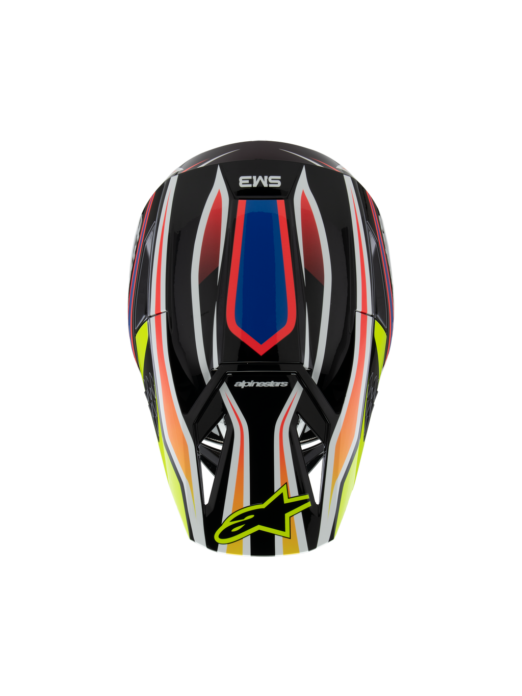 Alpinestars S-M3 Youth Wurx Helm ECE 22.06, Motocross-Helm, Schwarz mit leuchtend roten, blauen und gelben Grafiken, Draufsicht mit SM3-Logo und gelbem Alpinestars-Logo auf dem Visier, Offroad-Schutzausrüstung