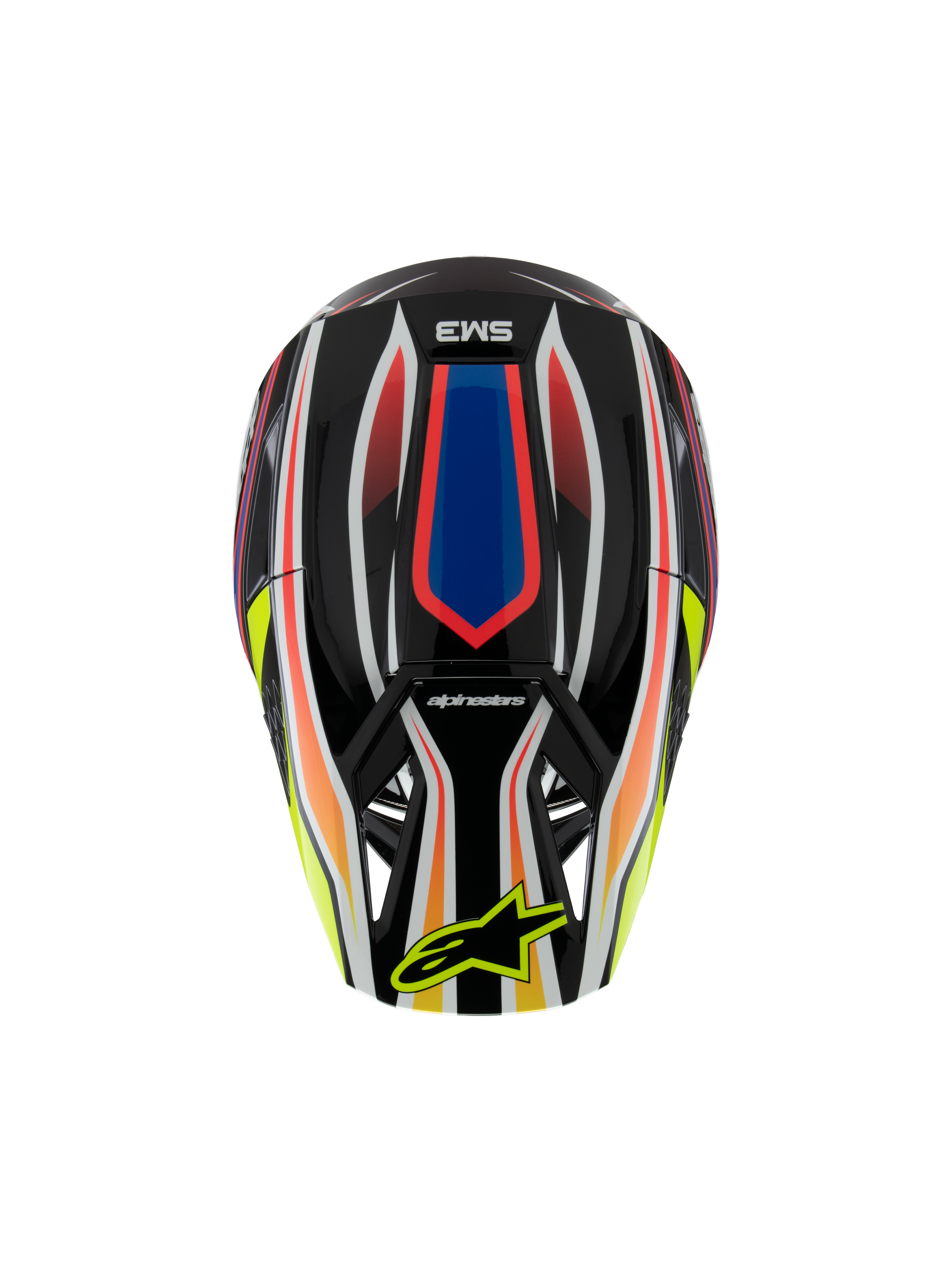 Alpinestars S-M3 Youth Wurx Helm ECE 22.06, Motocross-Helm, Schwarz mit leuchtend roten, blauen und gelben Grafiken, Draufsicht mit SM3-Logo und gelbem Alpinestars-Logo auf dem Visier, Offroad-Schutzausrüstung