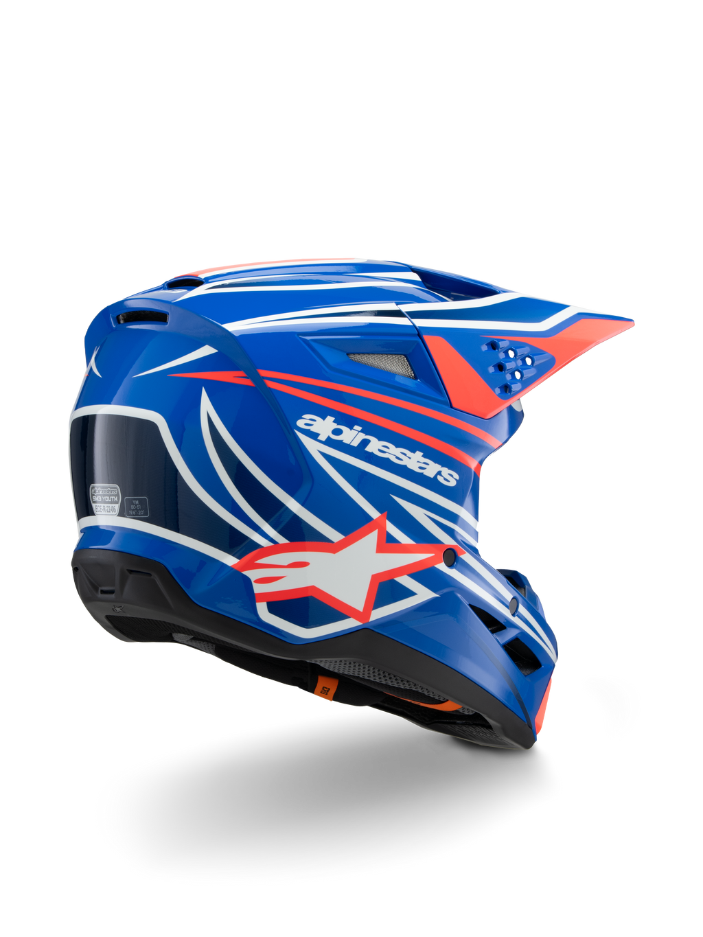 Alpinestars S-M3 Youth Wurx Helm, Motocross-Helm, Glänzendes Blau mit roten, weißen und schwarzen Grafiken, Dreiviertel-Rückansicht zeigt die aerodynamische Schale, Belüftungsöffnungen und markantes Alpinestars-Branding, schützende Kopfbedeckung für den Offroad-Rennsport