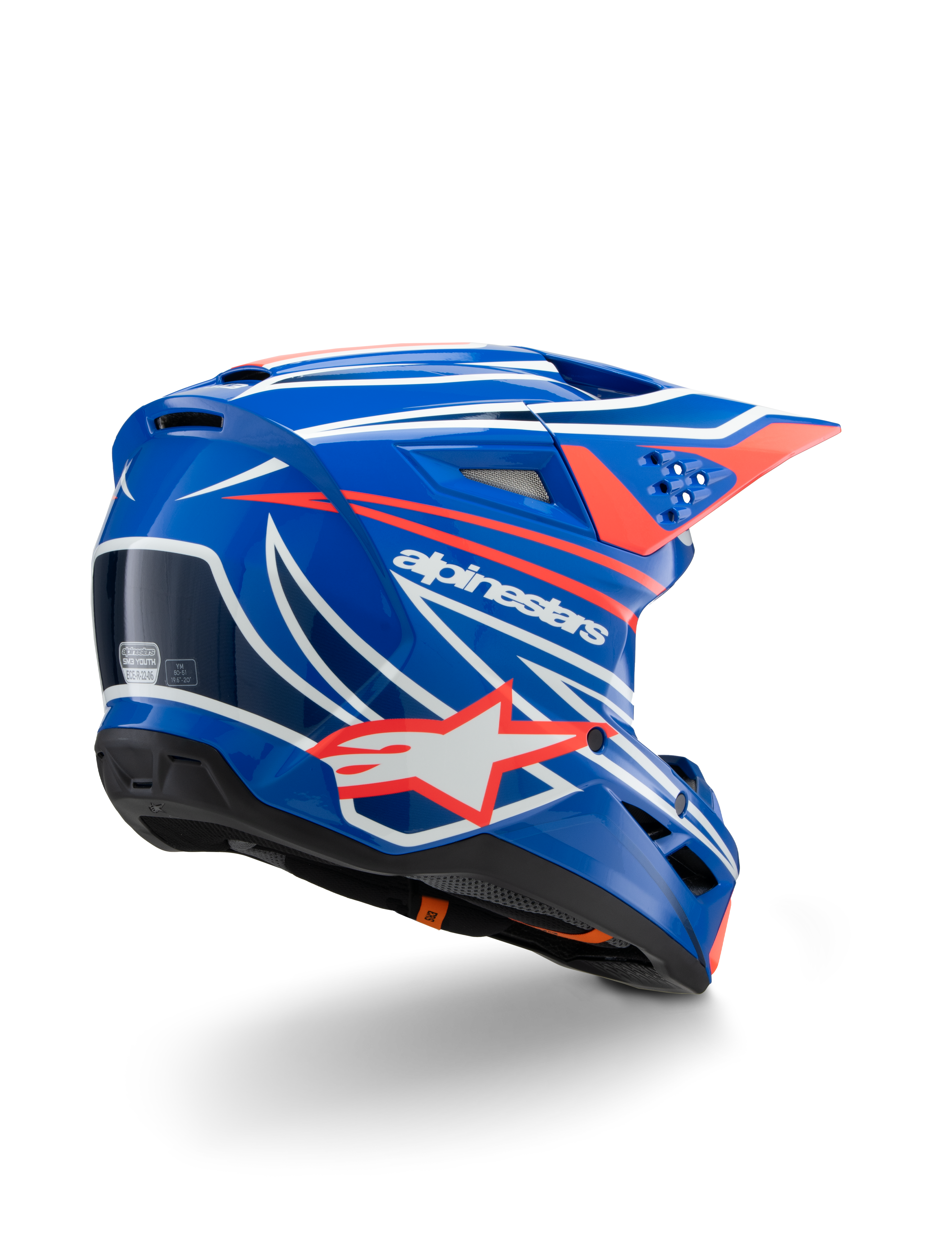 Alpinestars S-M3 Youth Wurx Helm, Motocross-Helm, Glänzendes Blau mit roten, weißen und schwarzen Grafiken, Dreiviertel-Rückansicht zeigt die aerodynamische Schale, Belüftungsöffnungen und markantes Alpinestars-Branding, schützende Kopfbedeckung für den Offroad-Rennsport