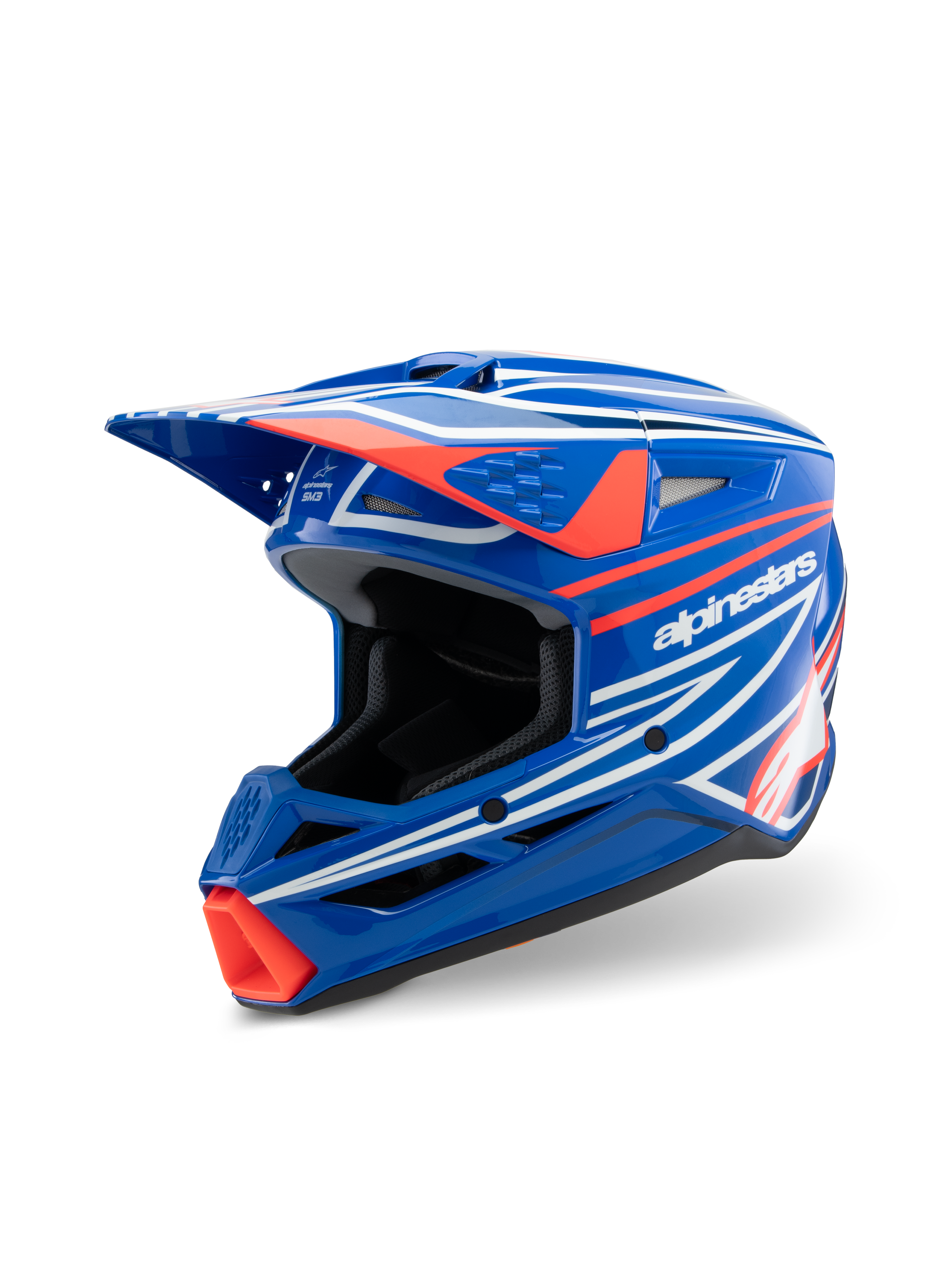 Alpinestars S-M3 Youth Wurx Helm, Motocross-Helm, Glänzendes Blau mit rot-weißen Grafiken, scharfes aerodynamisches Design mit markantem Visier und mehreren Belüftungsöffnungen, konzipiert für Jugend-Offroad- und MX-Rennsport