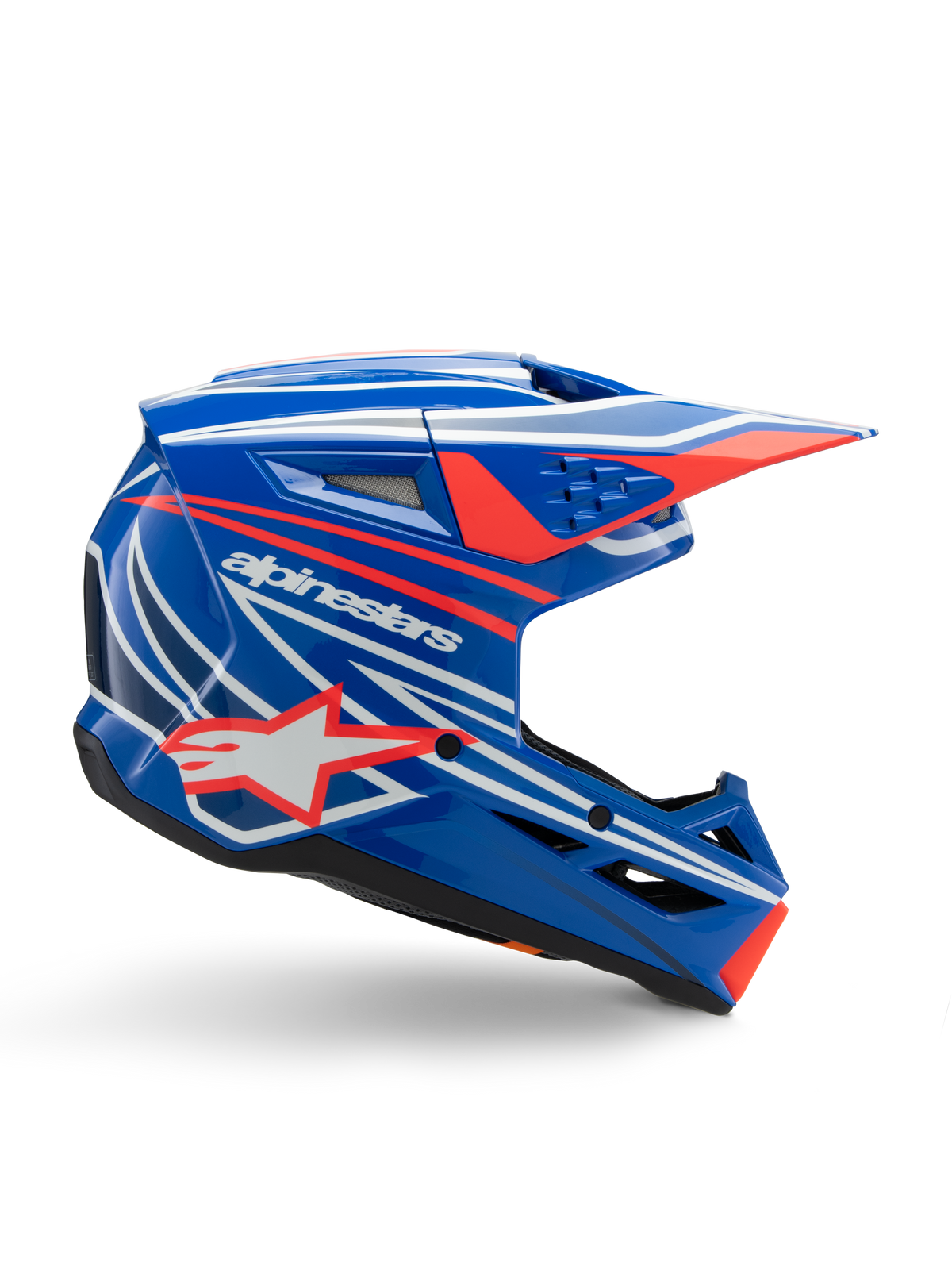 Alpinestars S-M3 Youth Wurx Helmet, Motocross Youth Helmet, Blue with Red and White graphics, side profile featuring aerodynamic visor, ventilation slots, and star logo, glossy finish, ECE 22.06 certified