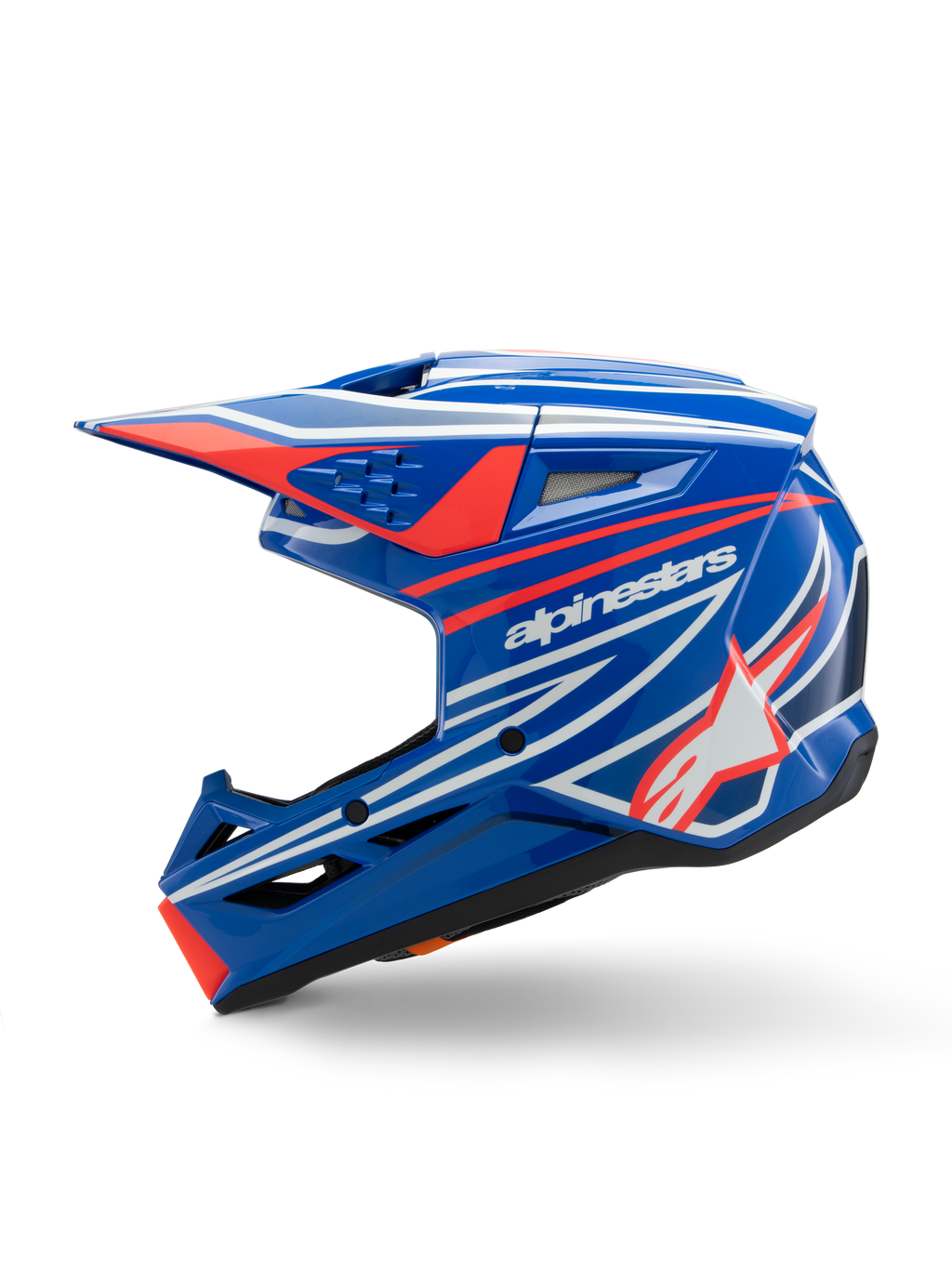 Alpinestars S-M3 Youth Wurx Helm, Motocross-Helm, Blau, Rot, Weiß und Schwarz glänzend, mit auffälligen Grafiken, Alpinestars-Logo und Stern, Seitenprofilansicht mit aerodynamischen Belüftungsöffnungen und integriertem Visier, Offroad-Rennausrüstung