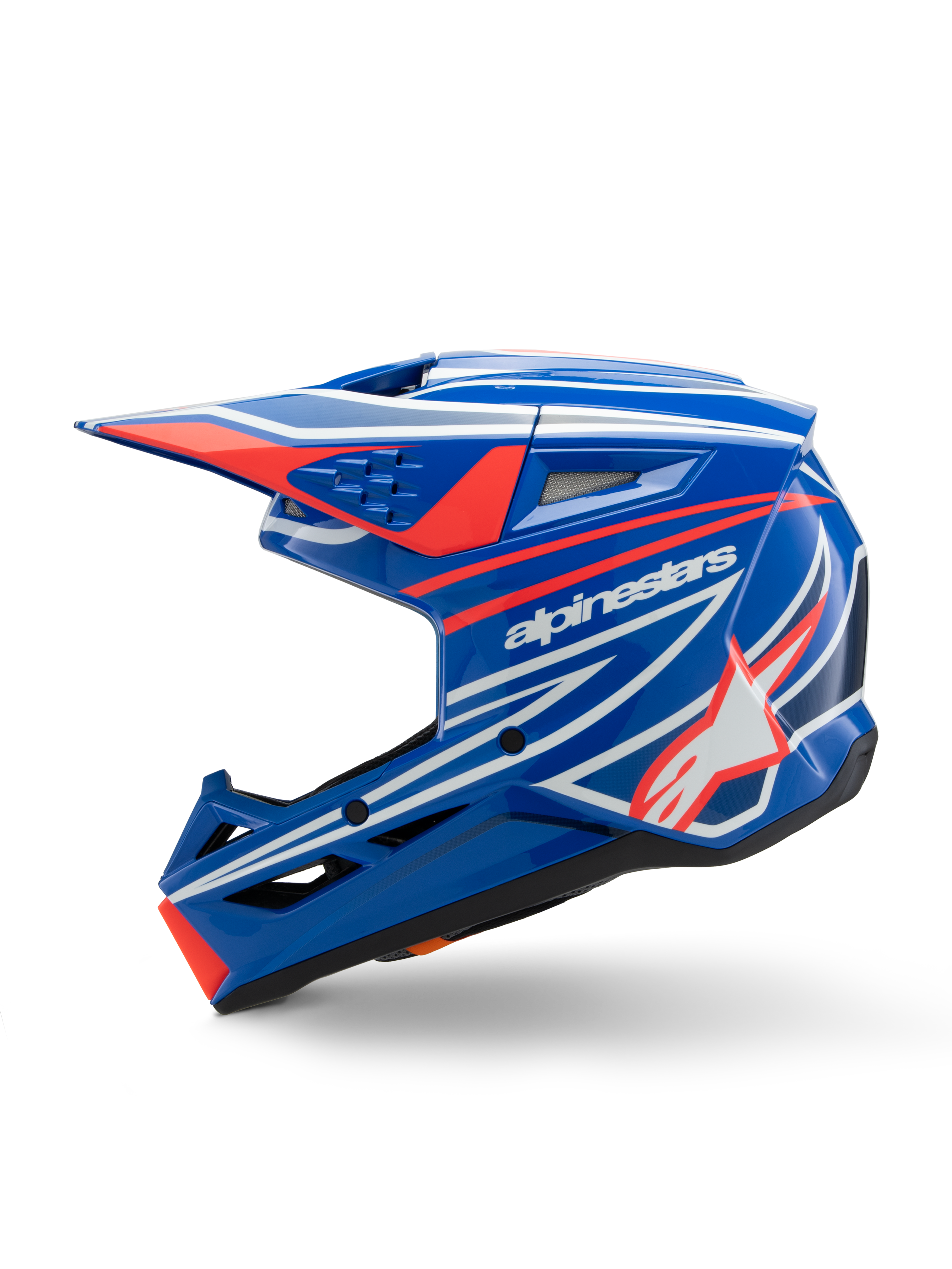 Alpinestars S-M3 Youth Wurx Helm, Motocross-Helm, Blau, Rot, Weiß und Schwarz glänzend, mit auffälligen Grafiken, Alpinestars-Logo und Stern, Seitenprofilansicht mit aerodynamischen Belüftungsöffnungen und integriertem Visier, Offroad-Rennausrüstung