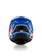 Alpinestars S-M3 Youth Wurx Helm ECE 22.06, Motocross-Helm, Blau, Rot und Weiß, Rückansicht zeigt aerodynamisches Design mit Auslassöffnungen, glänzendes Finish mit scharfen Grafikakzenten und Sicherheitszertifizierungs-Sticker.