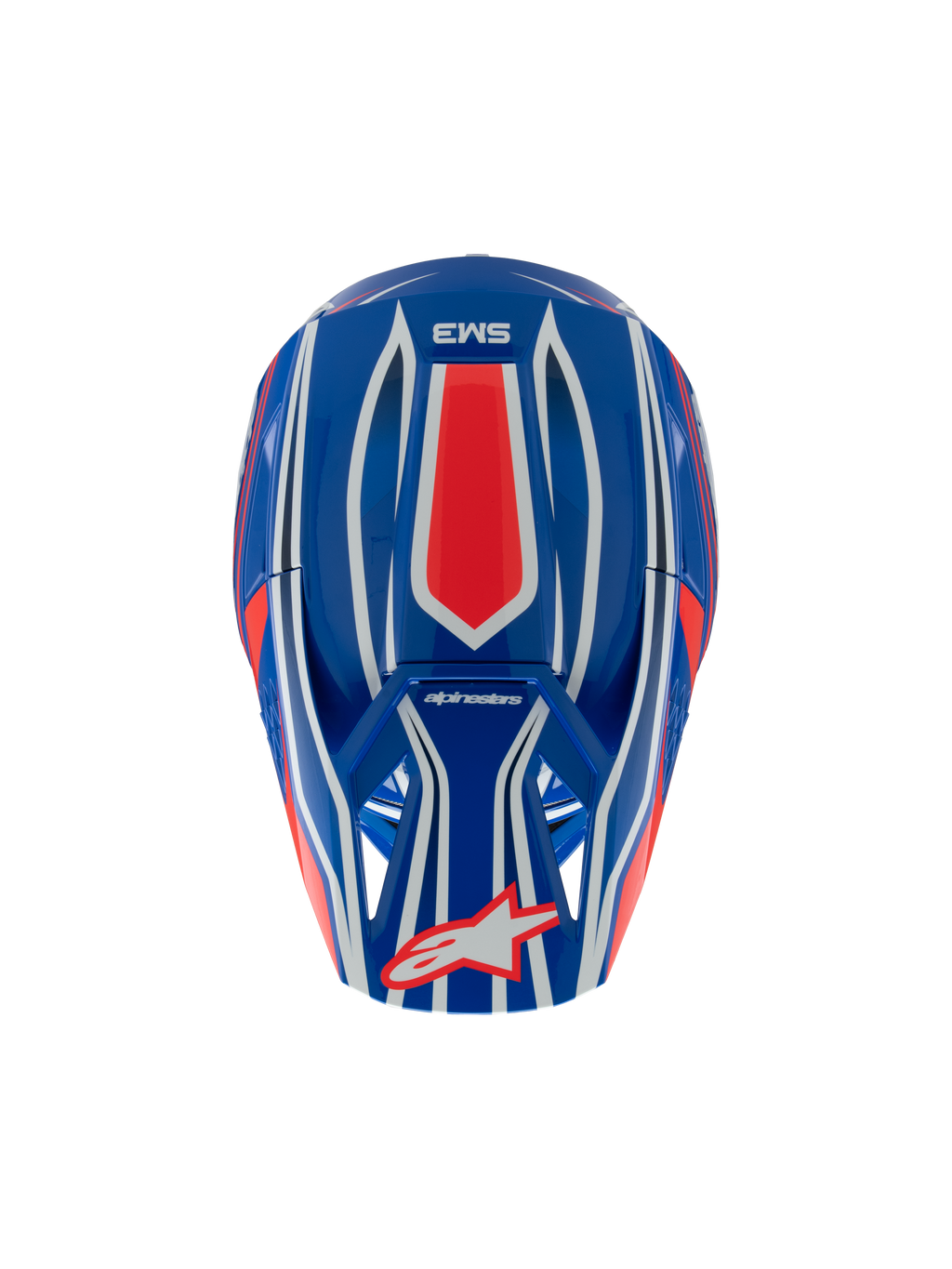 Alpinestars S-M3 Youth Wurx Helm, Motocross-Helm, Blau, Rot, Weiß und Schwarz glänzend, Draufsicht mit rot-weißen Grafikmustern, Alpinestars-Logo auf dem Visier, spezieller Offroad-Kopfschutz für Jugendliche