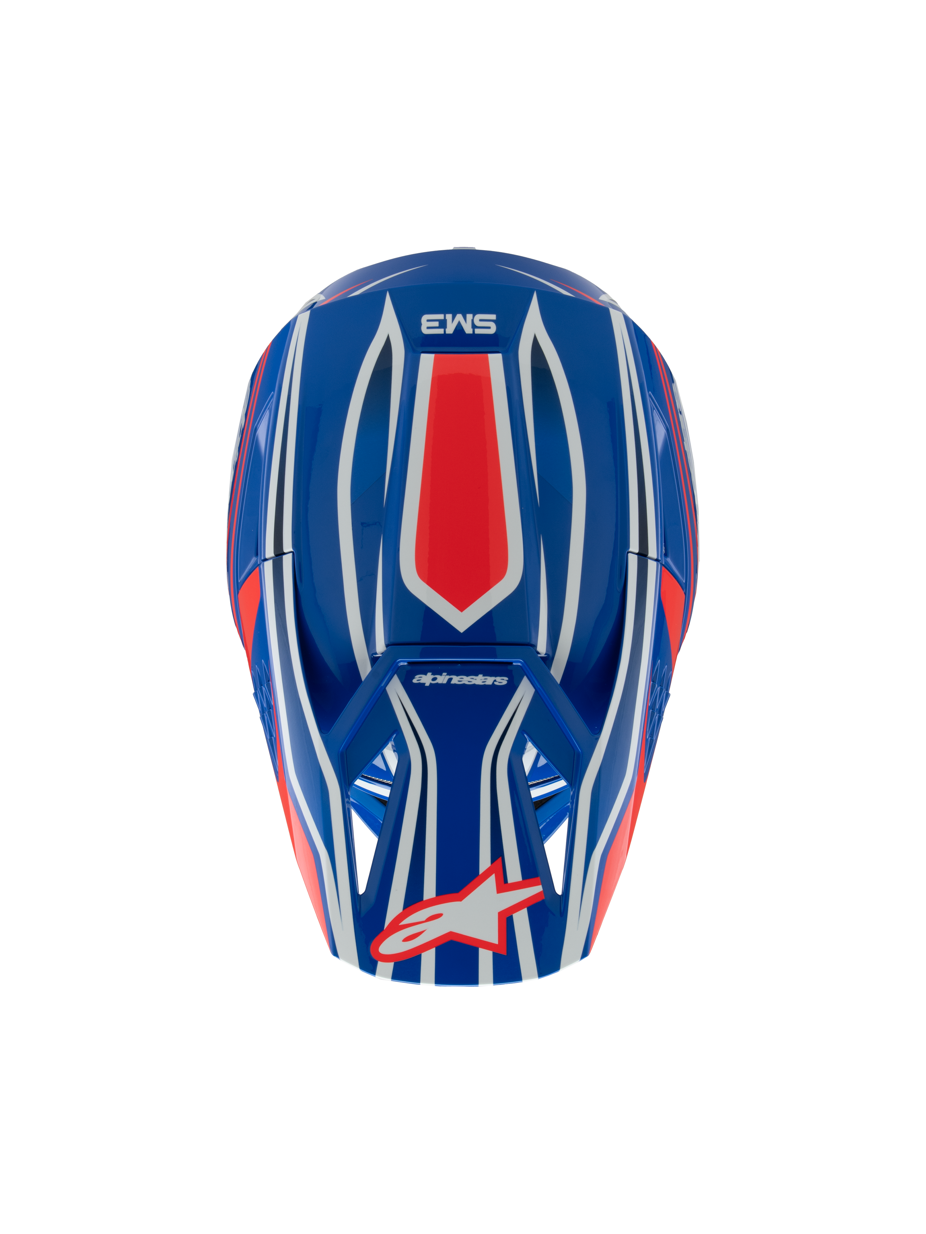 Alpinestars S-M3 Youth Wurx Helm, Motocross-Helm, Blau, Rot, Weiß und Schwarz glänzend, Draufsicht mit rot-weißen Grafikmustern, Alpinestars-Logo auf dem Visier, spezieller Offroad-Kopfschutz für Jugendliche