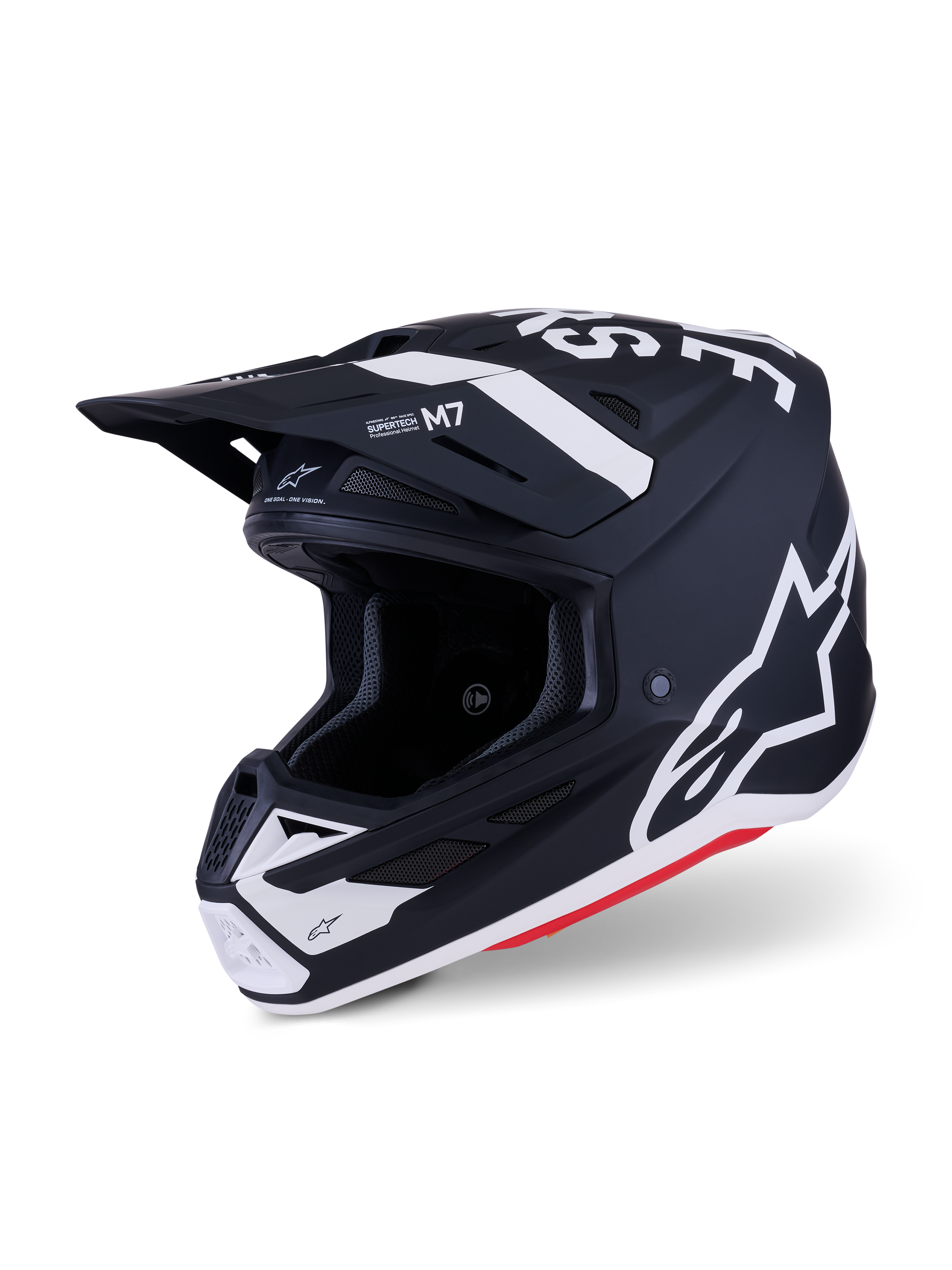 Alpinestars S-M7 Dasher Helmet, Motocross Helmet, Black and White Matt with red accents, featuring bold white Alpinestars logos and graphics, aerodynamic composite shell with integrated ventilation ports and protective visor.