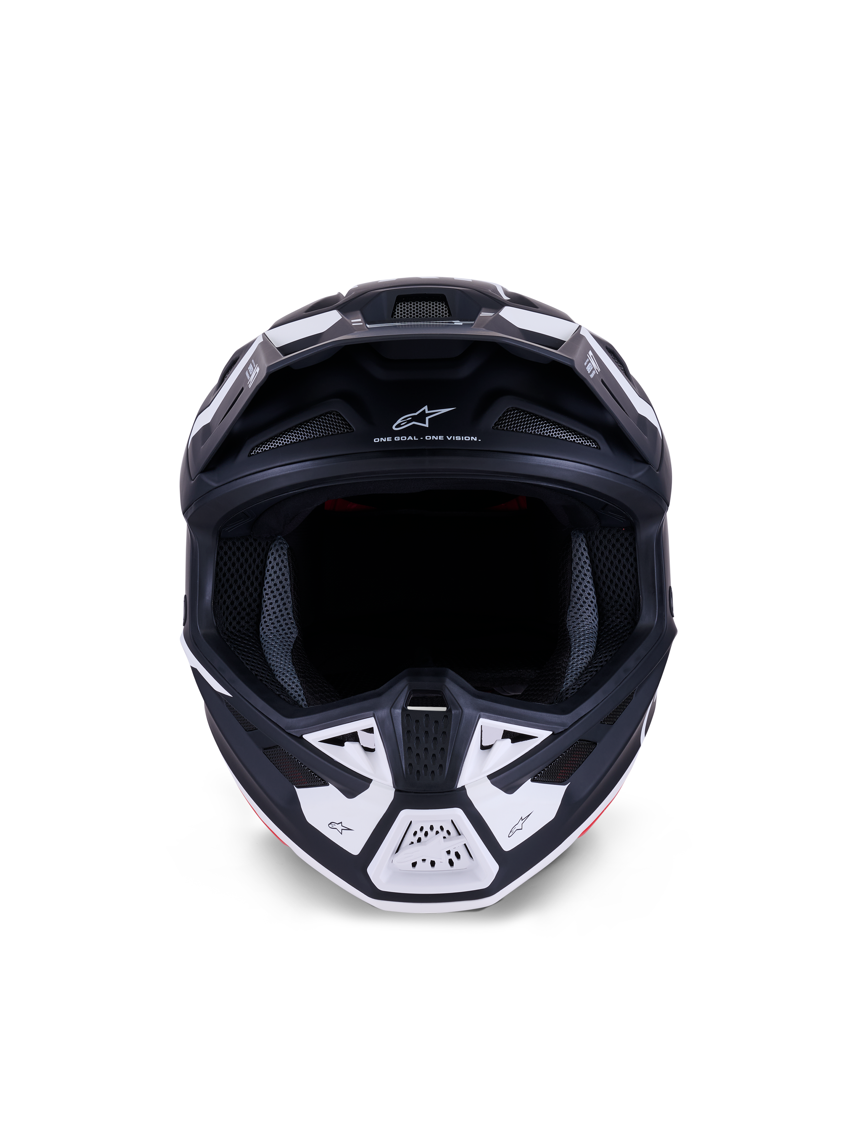 Alpinestars S-M7 Dasher Helmet ECE 22.06, Motocross Helmet, Matte Black and White, Front view showing ventilation ports and geometric graphics, features "ONE GOAL - ONE VISION" text, professional off-road racing protection