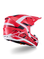 Alpinestars S-M7 Deed Helm, Motocross-Helm, Rot, Schwarz und Weiß glänzend, mit einer aerodynamischen Schale mit Belüftungsöffnungen und markantem Alpinestars-Branding, Dreiviertel-Rückansicht