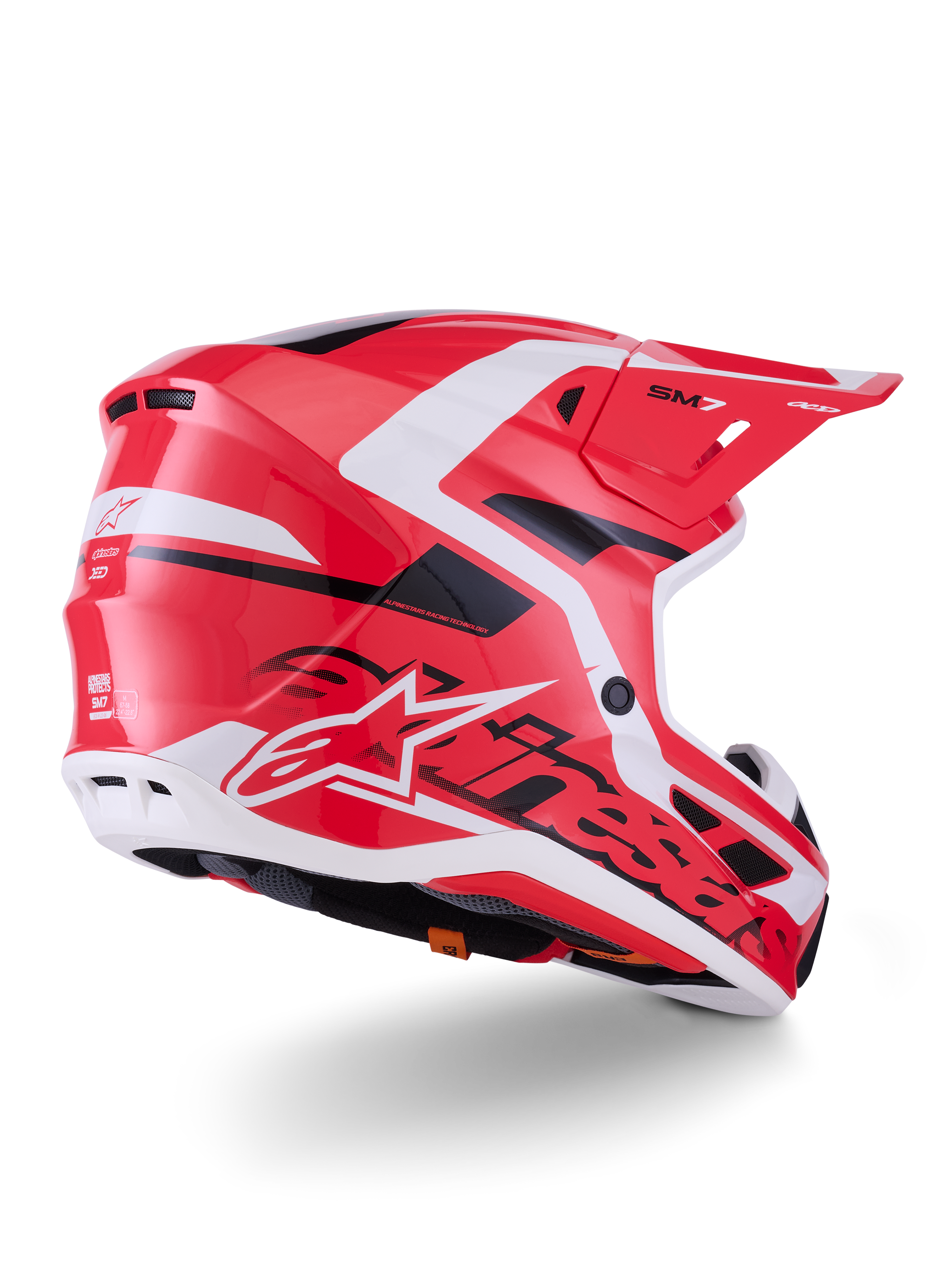 Alpinestars S-M7 Deed Helm, Motocross-Helm, Rot, Schwarz und Weiß glänzend, mit einer aerodynamischen Schale mit Belüftungsöffnungen und markantem Alpinestars-Branding, Dreiviertel-Rückansicht