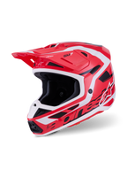 Alpinestars S-M7 Deed Helm, Motocross-Helm, Rot, Schwarz und Weiß glänzend, mit einer aerodynamischen Schale, markantem Branding, integrierten Belüftungsöffnungen und einem schützenden Visier für Offroad-Rennen