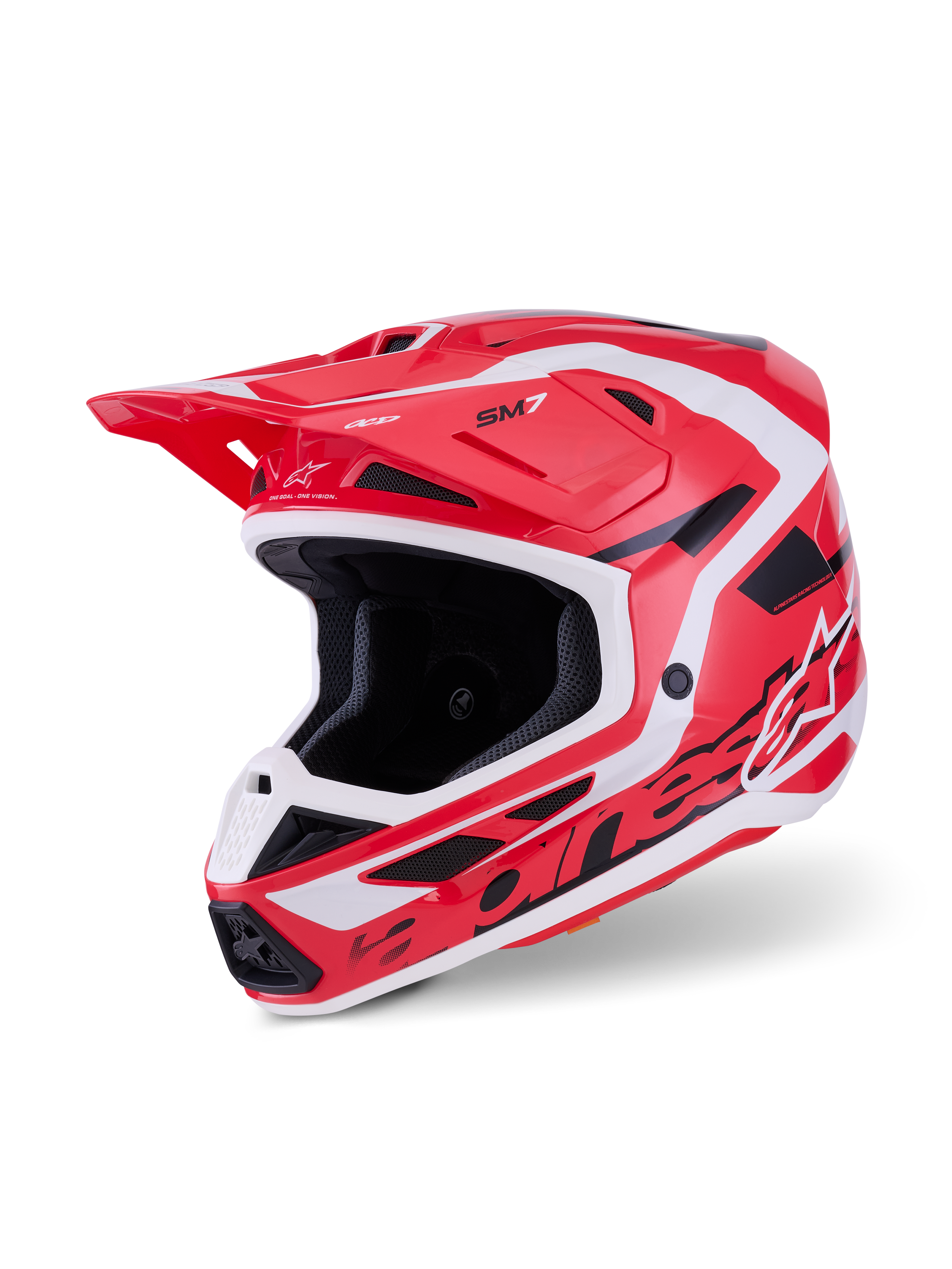Alpinestars S-M7 Deed Helm, Motocross-Helm, Rot, Schwarz und Weiß glänzend, mit einer aerodynamischen Schale, markantem Branding, integrierten Belüftungsöffnungen und einem schützenden Visier für Offroad-Rennen