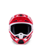 Alpinestars S-M7 Deed Helm, Motocross-Helm, Rot, Schwarz und Weiß glänzend, Frontansicht mit großer Sichtöffnung und belüftetem Kinnbügel, Alpinestars-Logo und Motto auf dem Visier, entwickelt für Schutz bei Offroad-Rennen