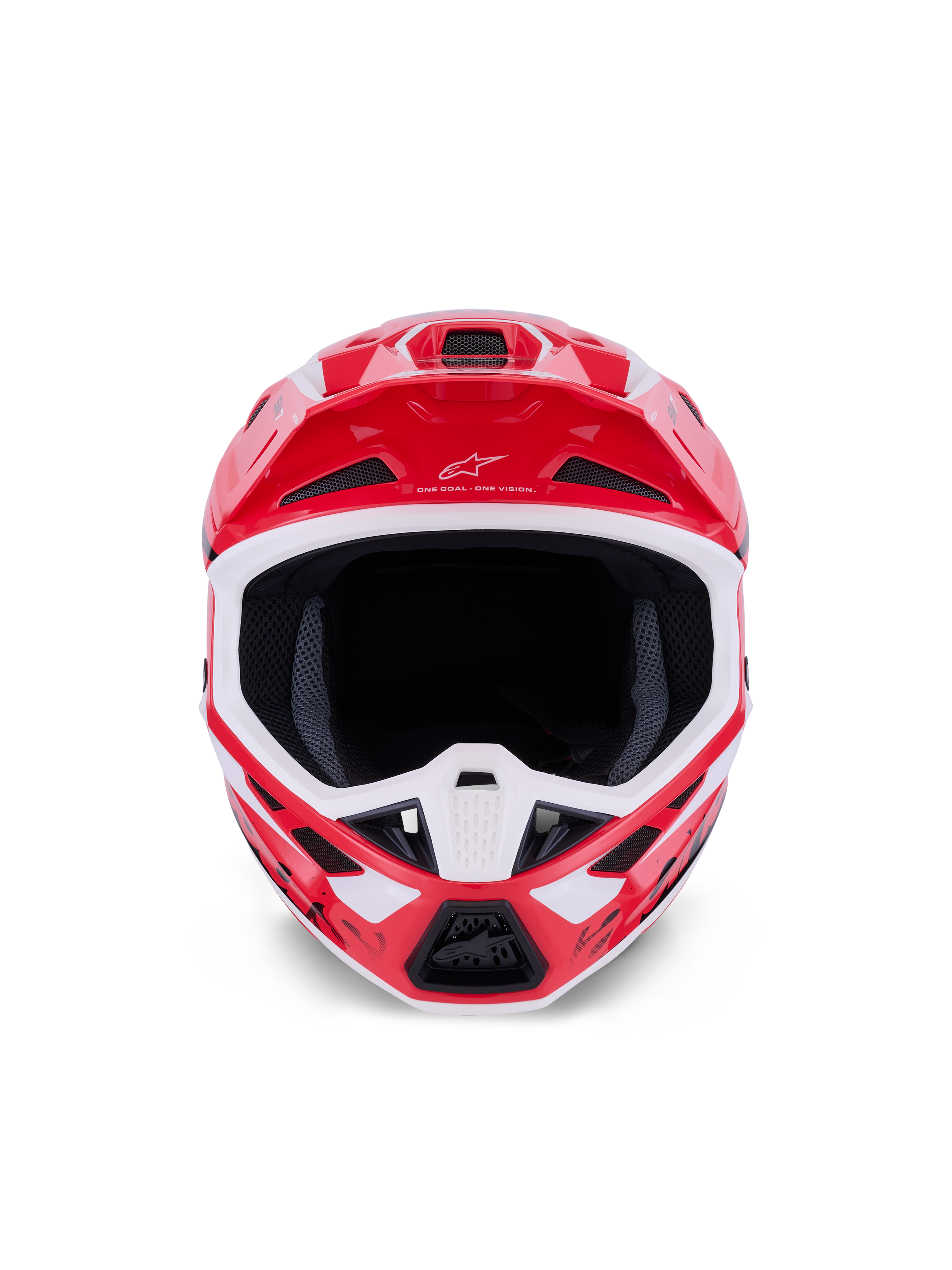 Alpinestars S-M7 Deed Helm, Motocross-Helm, Rot, Schwarz und Weiß glänzend, Frontansicht mit großer Sichtöffnung und belüftetem Kinnbügel, Alpinestars-Logo und Motto auf dem Visier, entwickelt für Schutz bei Offroad-Rennen