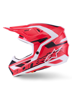 Alpinestars S-M7 Deed Helm ECE 22.06, Motocross-Helm, Rot, Schwarz und Weiß glänzend, Seitenprofilansicht mit aerodynamischer Verbundschale, Belüftungsöffnungen und Alpinestars-Branding, entwickelt für Schutz im Offroad-Rennsport
