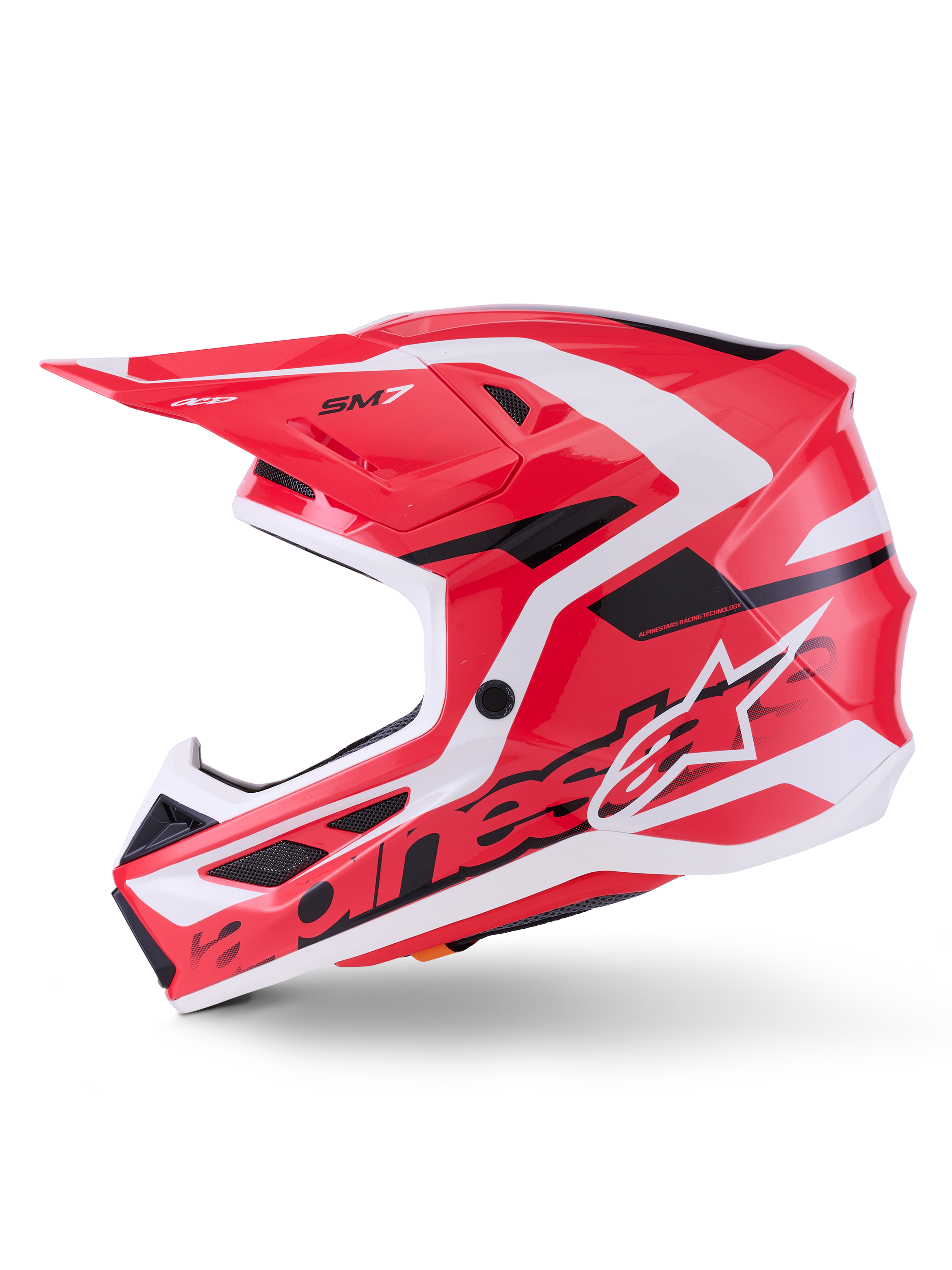 Alpinestars S-M7 Deed Helm ECE 22.06, Motocross-Helm, Rot, Schwarz und Weiß glänzend, Seitenprofilansicht mit aerodynamischer Verbundschale, Belüftungsöffnungen und Alpinestars-Branding, entwickelt für Schutz im Offroad-Rennsport