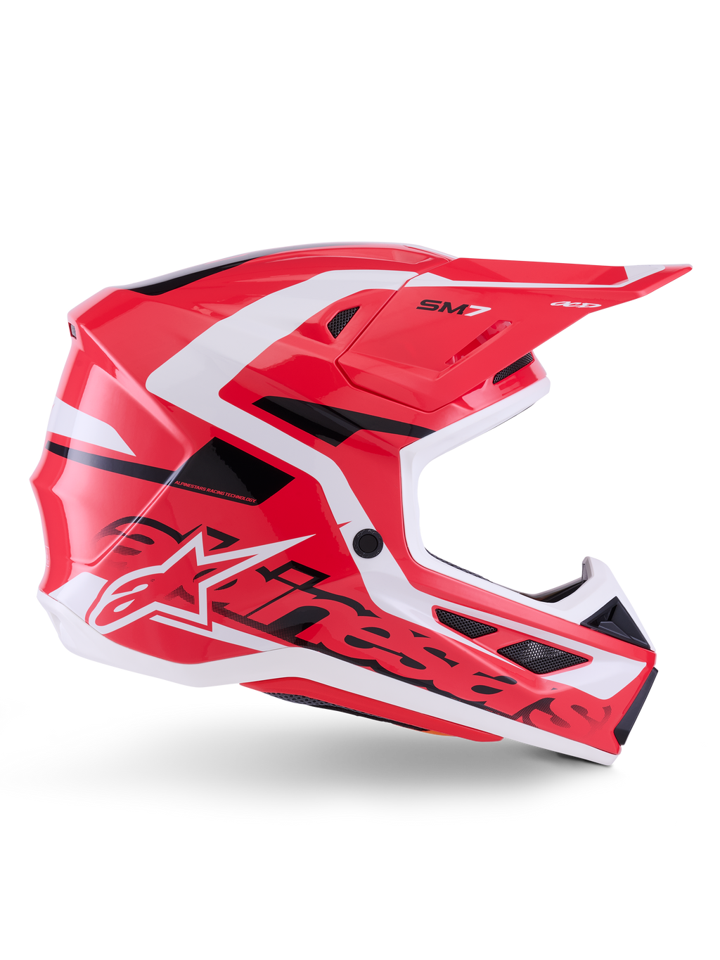 Alpinestars S-M7 Deed Helm, Motocross-Helm, Rot, Schwarz und Weiß glänzend, Seitenansicht, mit markantem Alpinestars-Branding und SM7-Logo, aerodynamische Verbundschale mit mehreren Belüftungsöffnungen, entwickelt für Offroad- und Motocross-Rennsport