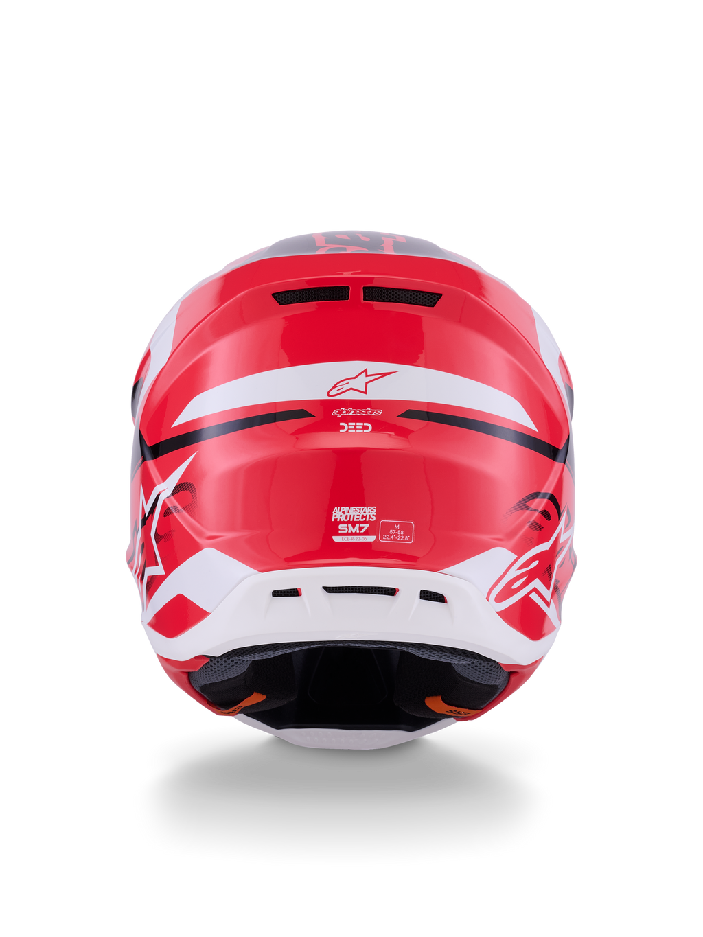 Alpinestars S-M7 Deed Helm, Rückansicht, Rot Schwarz und Weiß glänzend, mit einer stromlinienförmigen Verbundschale, hinteren Entlüftungsöffnungen und Alpinestars-Branding, professioneller Kopfschutz für Motocross-Rennen