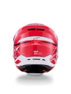 Alpinestars S-M7 Deed Helm, Rückansicht, Rot Schwarz und Weiß glänzend, mit einer stromlinienförmigen Verbundschale, hinteren Entlüftungsöffnungen und Alpinestars-Branding, professioneller Kopfschutz für Motocross-Rennen
