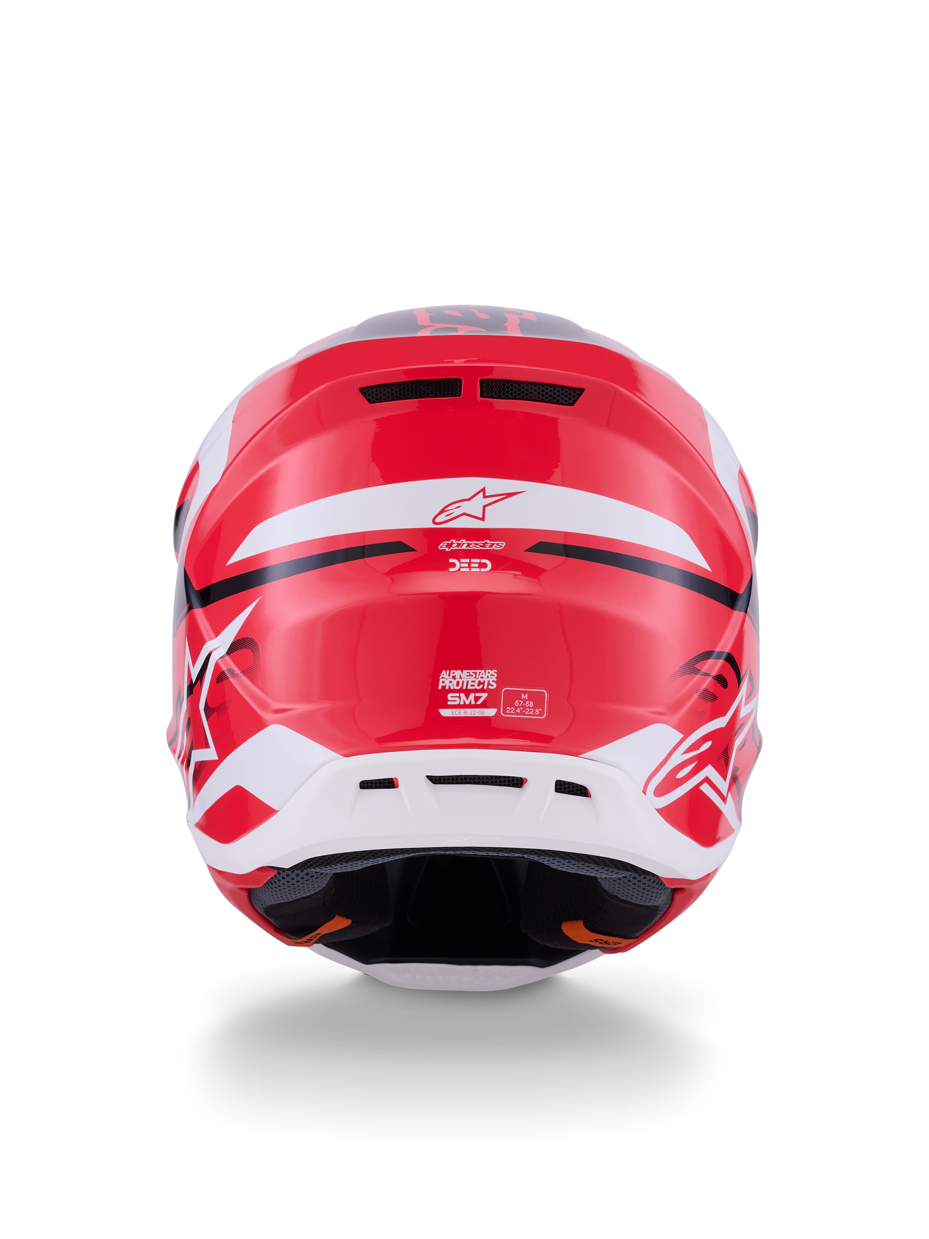 Alpinestars S-M7 Deed Helm, Rückansicht, Rot Schwarz und Weiß glänzend, mit einer stromlinienförmigen Verbundschale, hinteren Entlüftungsöffnungen und Alpinestars-Branding, professioneller Kopfschutz für Motocross-Rennen