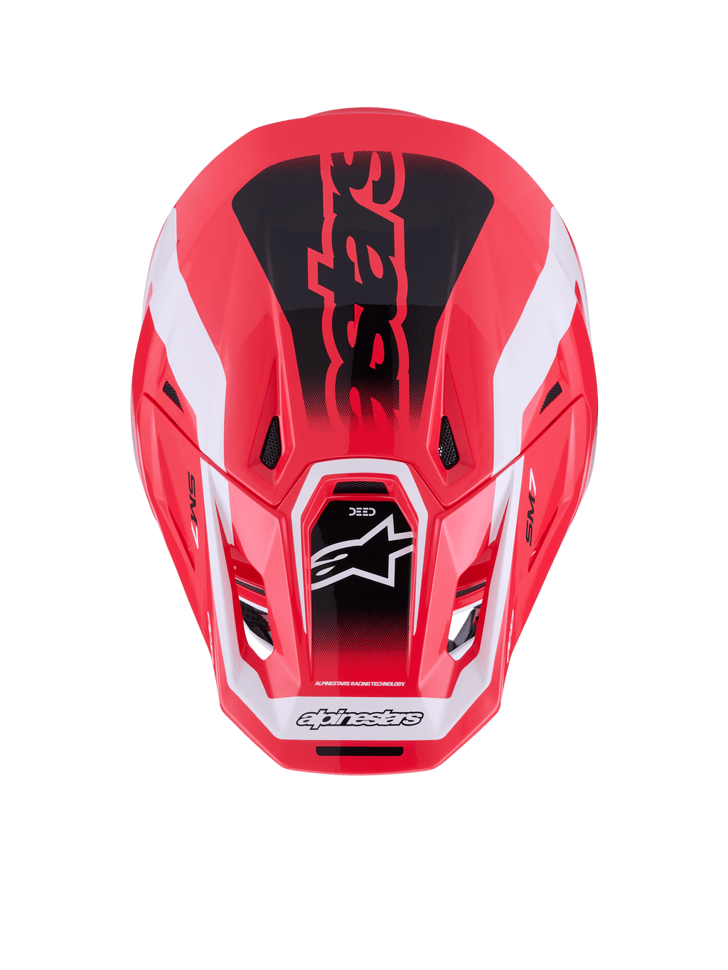Alpinestars S-M7 Deed Helm, Motocross-Helm, Rot, Schwarz und Weiß glänzend, Draufsicht mit aerodynamischer Verbundschale und Belüftungsöffnungen, Astars-Logo und markantes Branding, professionelle Offroad-Rennausrüstung