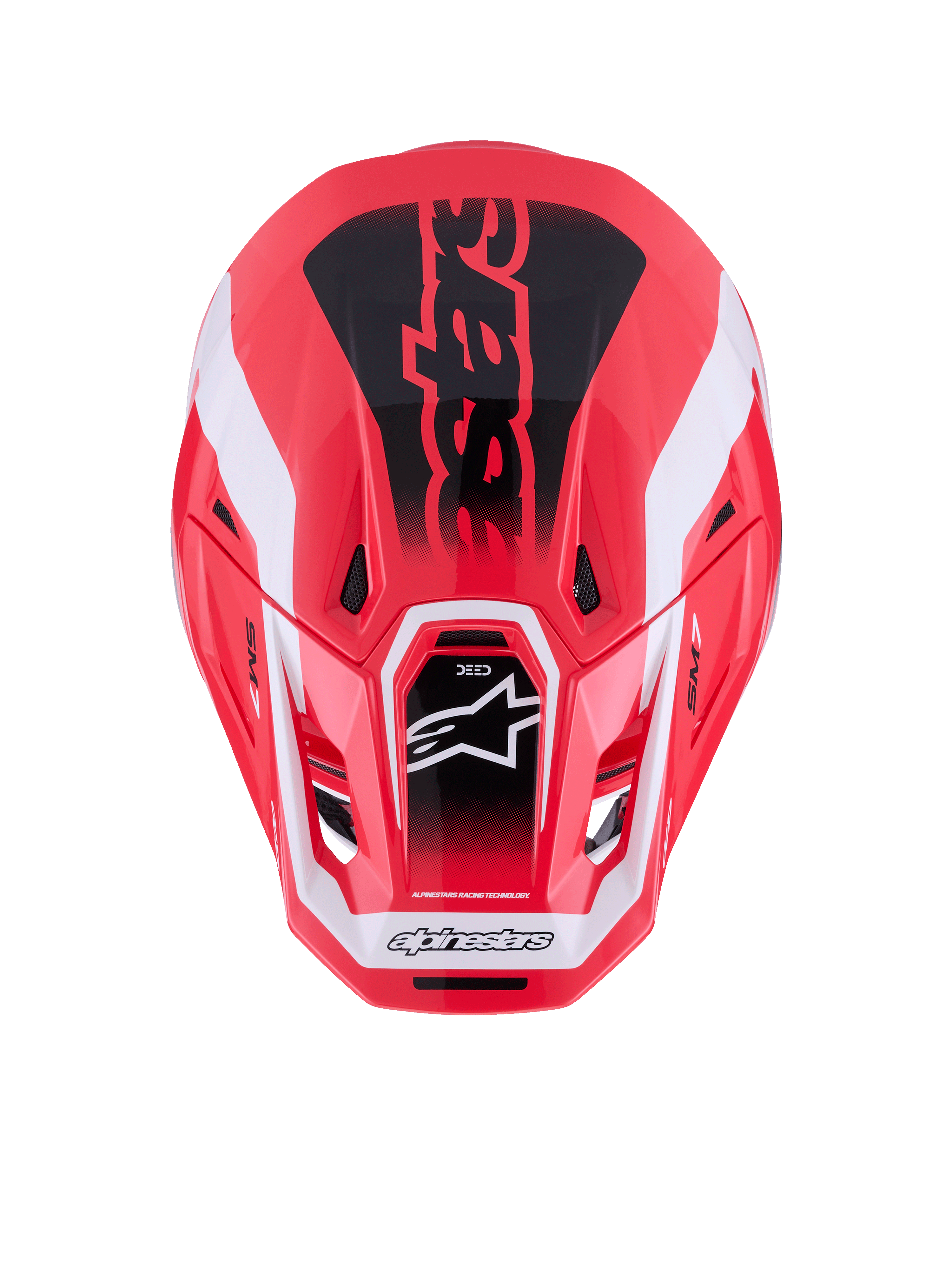 Alpinestars S-M7 Deed Helm, Motocross-Helm, Rot, Schwarz und Weiß glänzend, Draufsicht mit aerodynamischer Verbundschale und Belüftungsöffnungen, Astars-Logo und markantes Branding, professionelle Offroad-Rennausrüstung