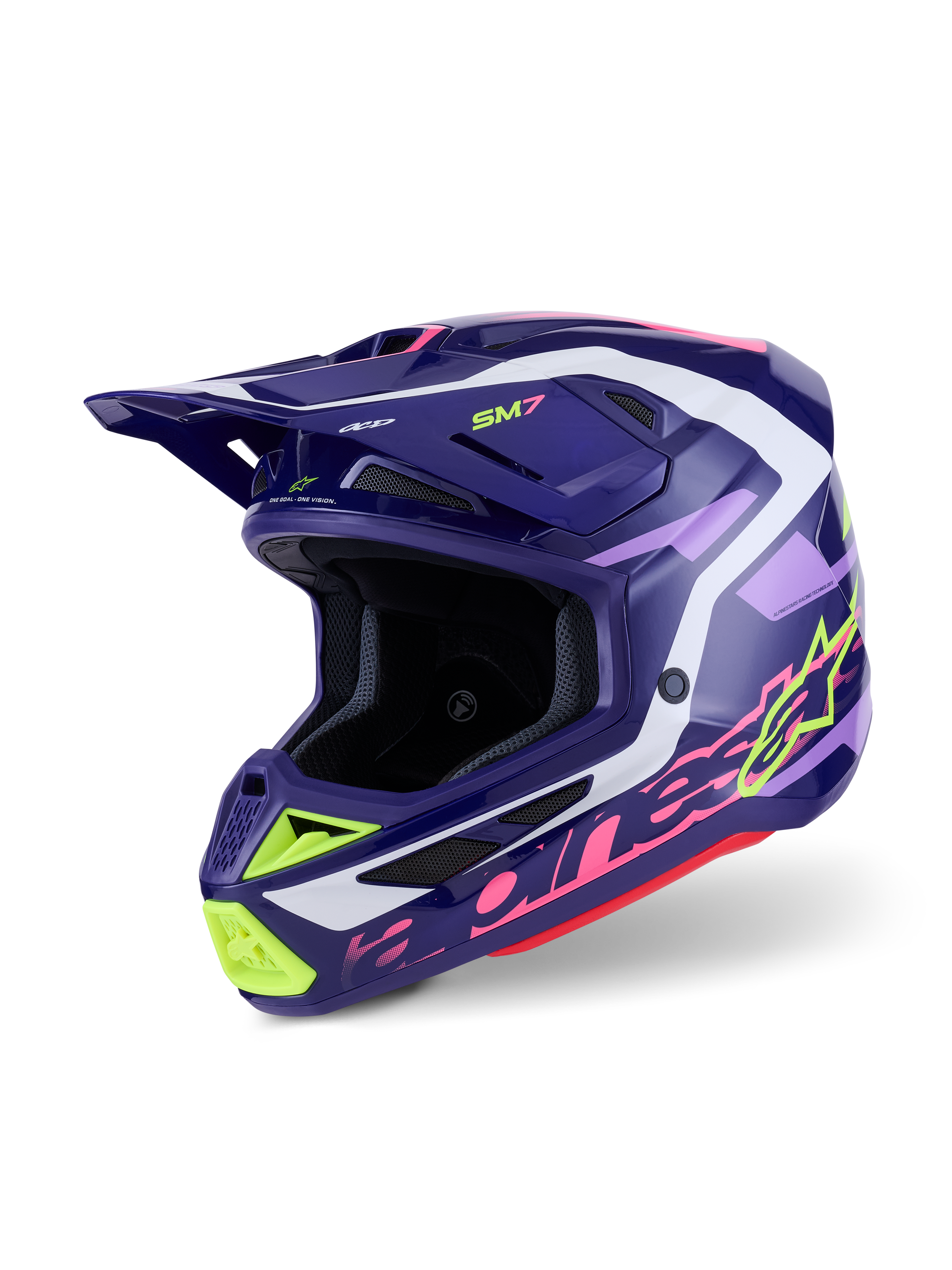 Alpinestars S-M7 Deed Helm, Motocross-Helm, Lila Pink Glänzend, dunkellila Basis mit neongelben, pinkfarbenen und weißen Akzenten, aerodynamisches Design mit integrierten Belüftungsöffnungen und einem markanten Helmschild, Hochleistungs-Offroad-Kopfschutz