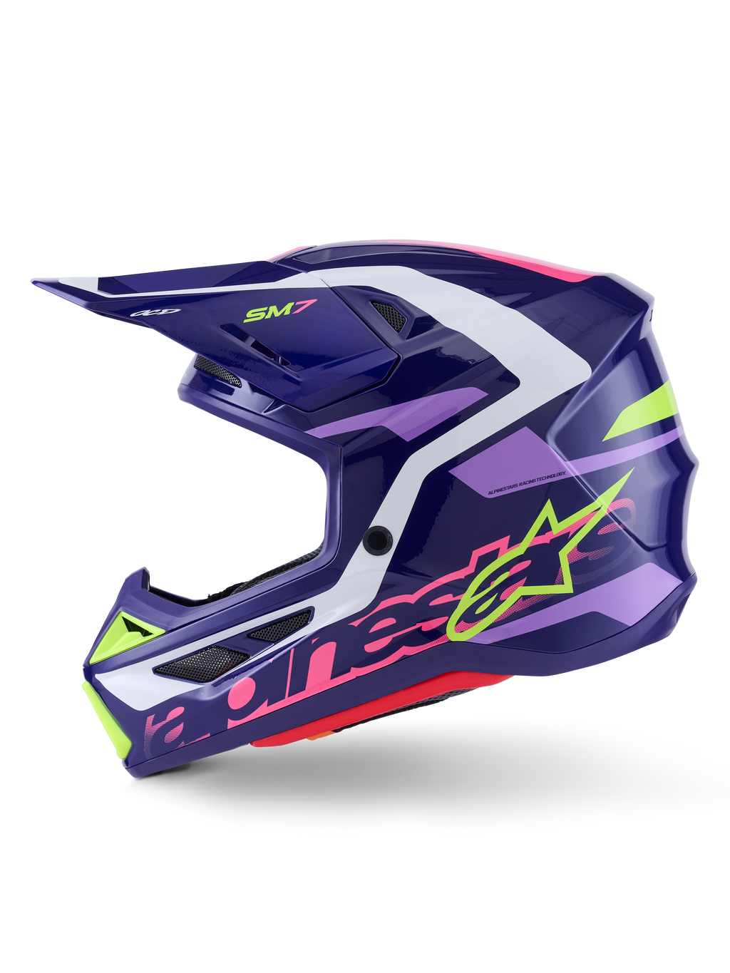 Alpinestars S-M7 Deed Motocross-Helm, Purple Pink Glossy, Seitenansicht, mit markantem Alpinestars-Branding in Lime-Grün und Pink, aerodynamische Schale mit weißen und helllila Akzenten, glänzendes Finish, entwickelt für den Offroad-Rennsport