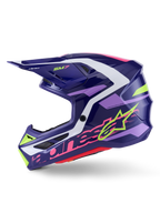 Alpinestars S-M7 Deed Motocross-Helm, Purple Pink Glossy, Seitenansicht, mit markantem Alpinestars-Branding in Lime-Grün und Pink, aerodynamische Schale mit weißen und helllila Akzenten, glänzendes Finish, entwickelt für den Offroad-Rennsport
