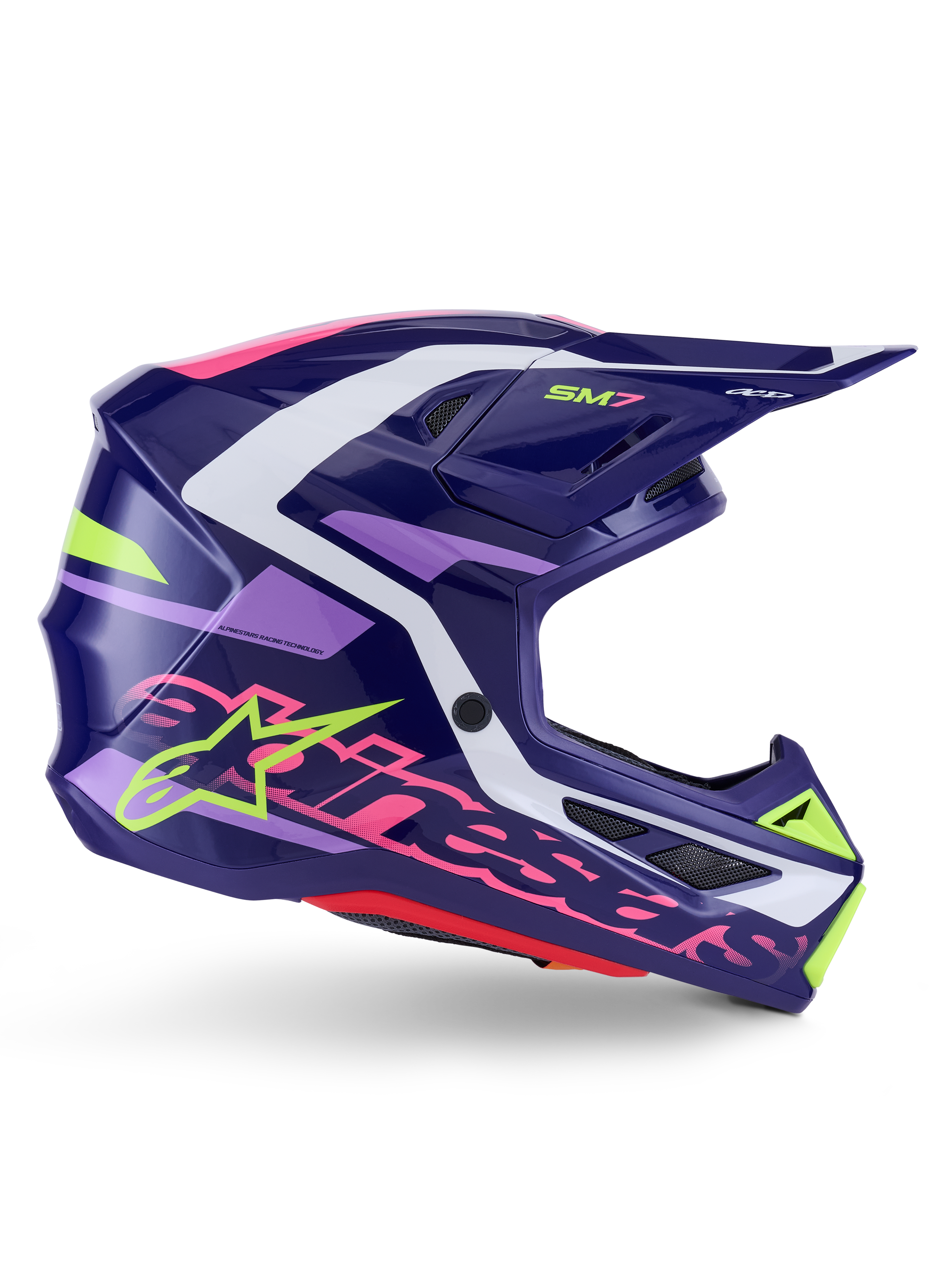 Alpinestars S-M7 Deed Helm, Motocross-Helm, Purple Pink Glossy, Seitenprofil-Ansicht, mit weißen und lindgrünen Grafikakzenten, SM7-Branding und markantem Alpinestars-Logo, aerodynamisches Verbundschalen-Design für den Offroad-Rennsport