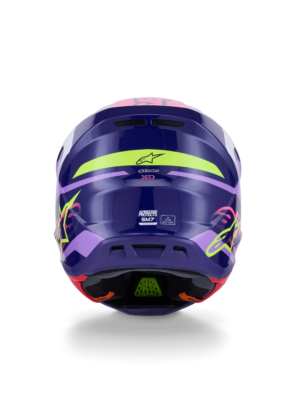 Alpinestars S-M7 Deed Helm ECE 22.06, Motocross-Helm, Rückansicht in Lila-Pink Glänzend, mit neongelben und pinken Grafiken, aerodynamische Verbundschale mit SM7-Branding und Zertifizierungskennzeichnungen, Hochleistungs-Offroad-Rennausrüstung