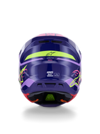 Alpinestars S-M7 Deed Helm ECE 22.06, Motocross-Helm, Rückansicht in Lila-Pink Glänzend, mit neongelben und pinken Grafiken, aerodynamische Verbundschale mit SM7-Branding und Zertifizierungskennzeichnungen, Hochleistungs-Offroad-Rennausrüstung